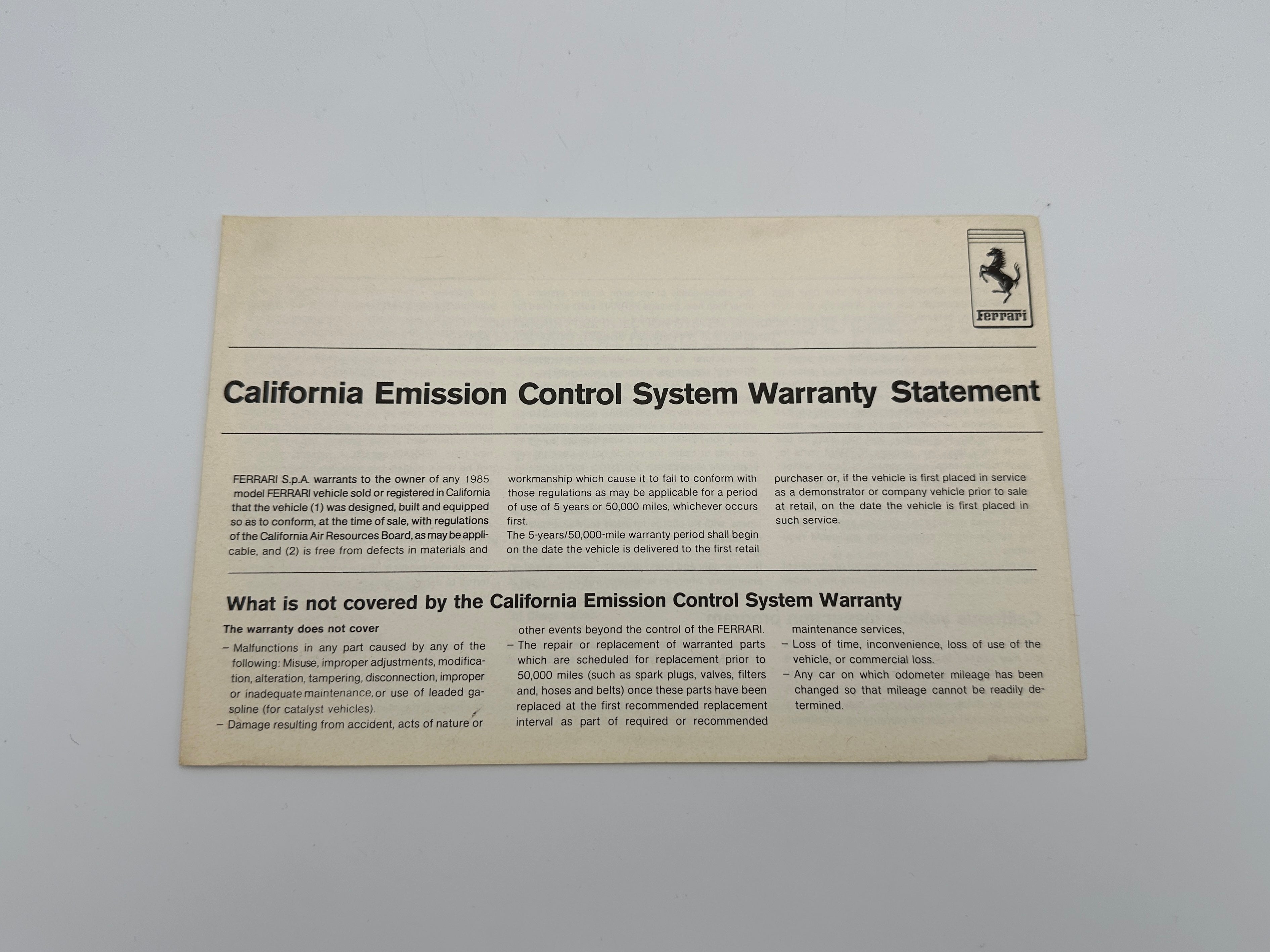 Ferrari 288 GTO, Testarossa, 328 Emission Warranty Statement California #347/85 - 1985