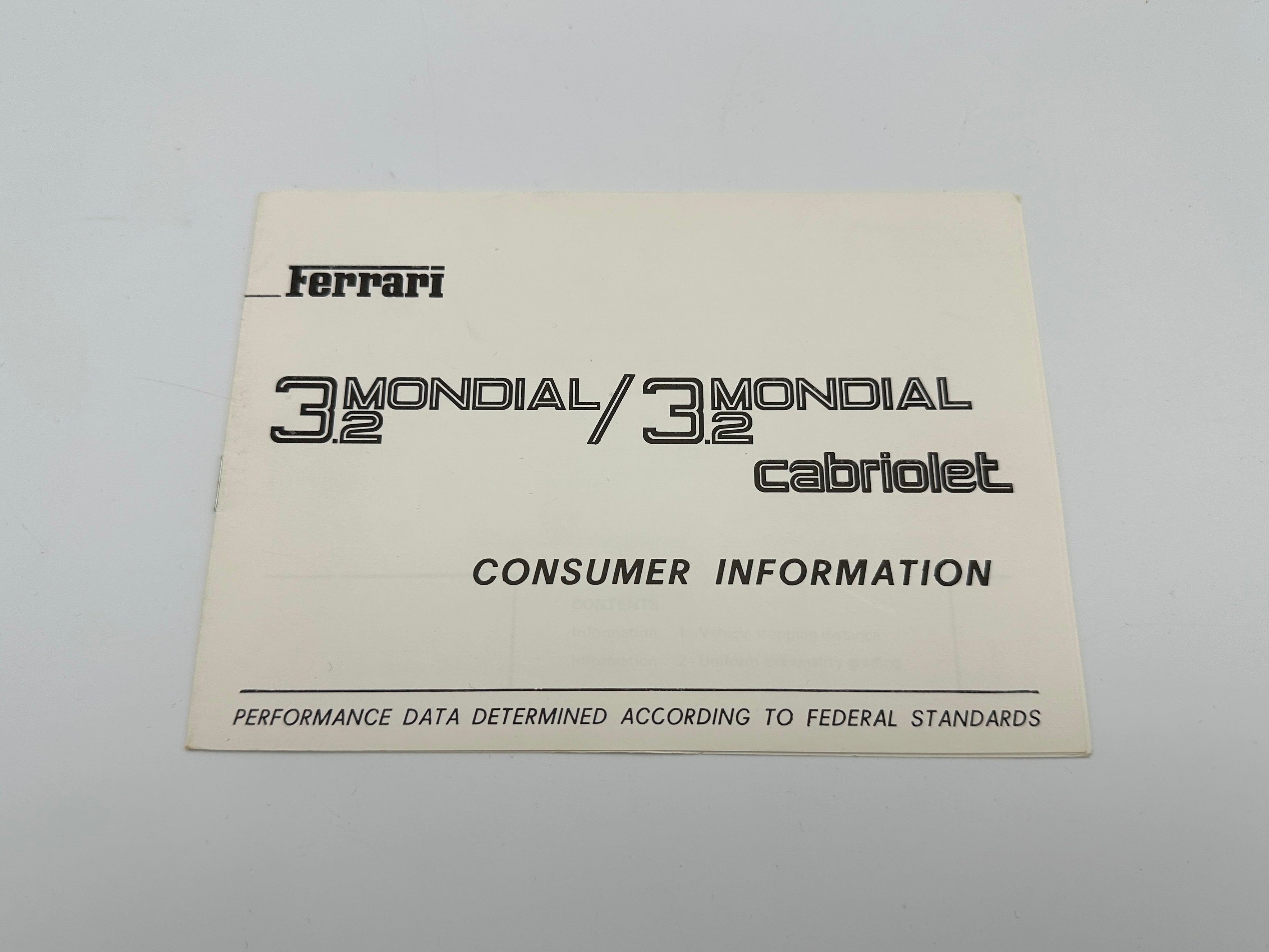 Ferrari 3.2 Mondial U.S. Consumer Information Booklet #486/87 - 1987