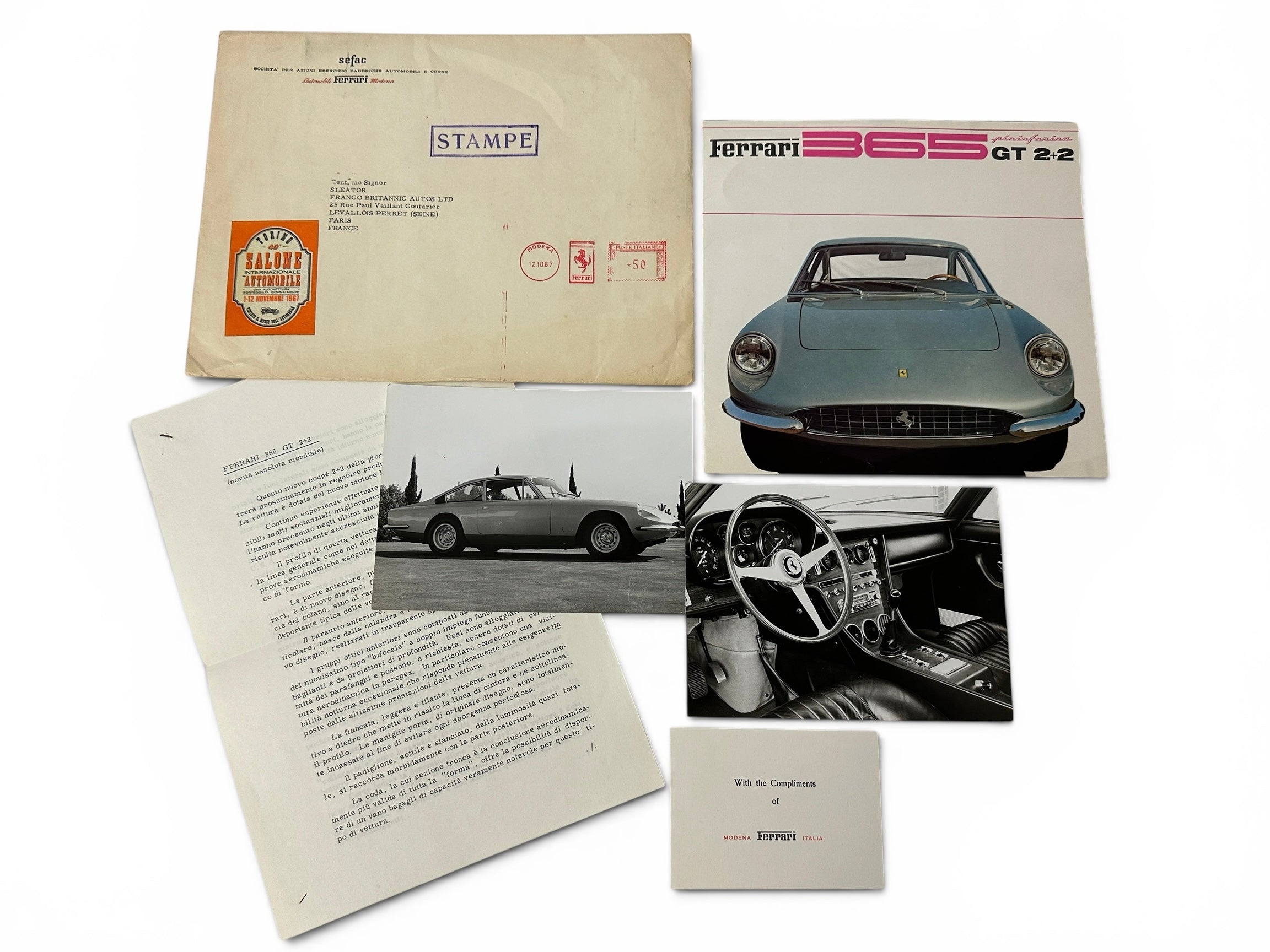 Ferrari 365 GT 2+2 Introduction Sales Brochure Set of Documents #19/67 - 1967 - Franco Britannic Autos
