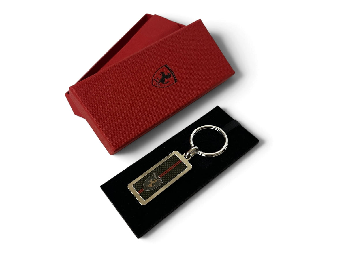 Ferrari Carbon Fiber and Silver 925 Keychain, Keyfob - Shield Prancing Horse Logo - In Box