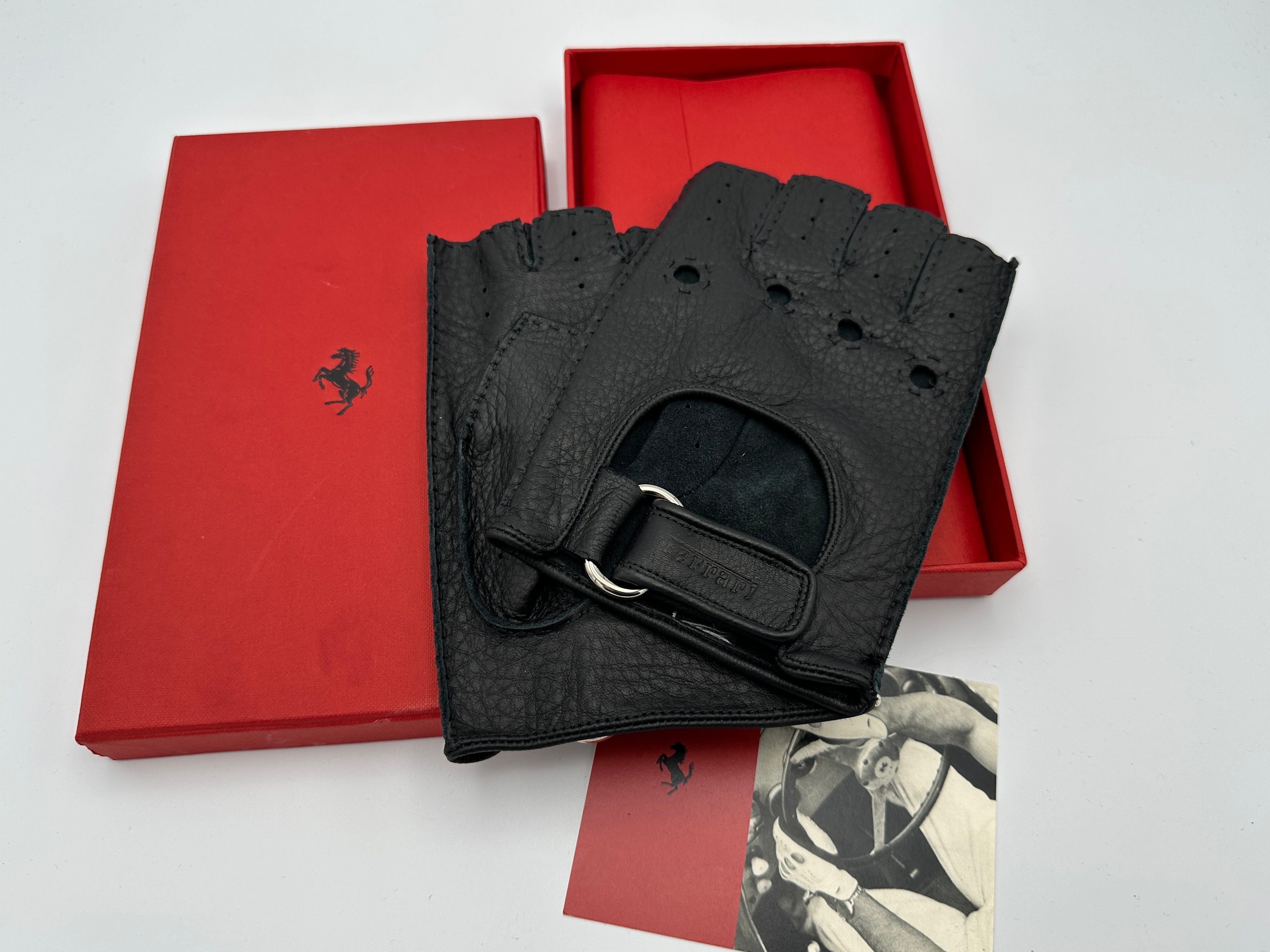 Ferrari Fingerless Black Leather Driving Gloves – Size L – Official Merchandise