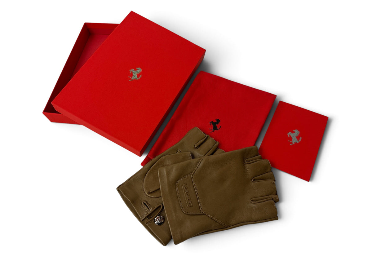 Ferrari Fingerless Brown Leather Driving Gloves – Size M – Official Merchandise