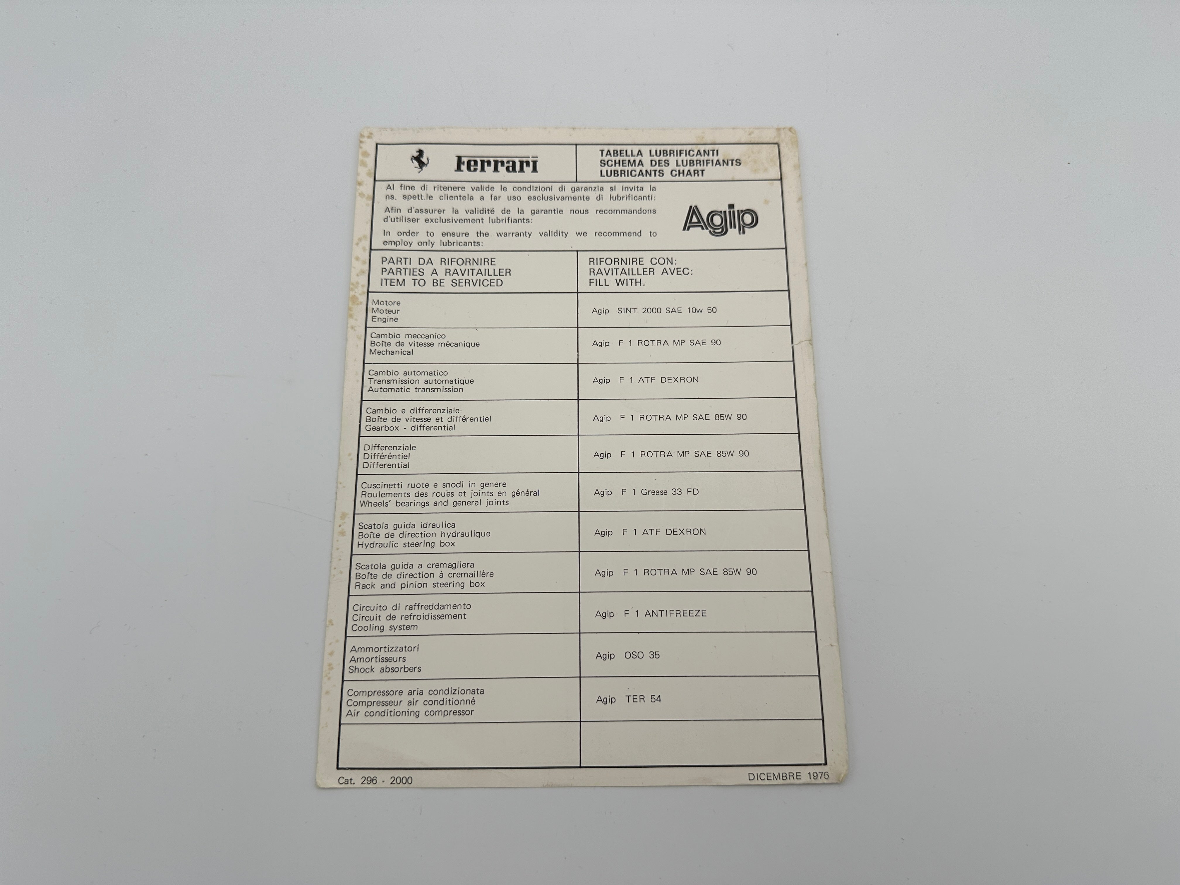 Ferrari Lubricants Chart, Pouch Document #296-2000 - Dicembre 1976