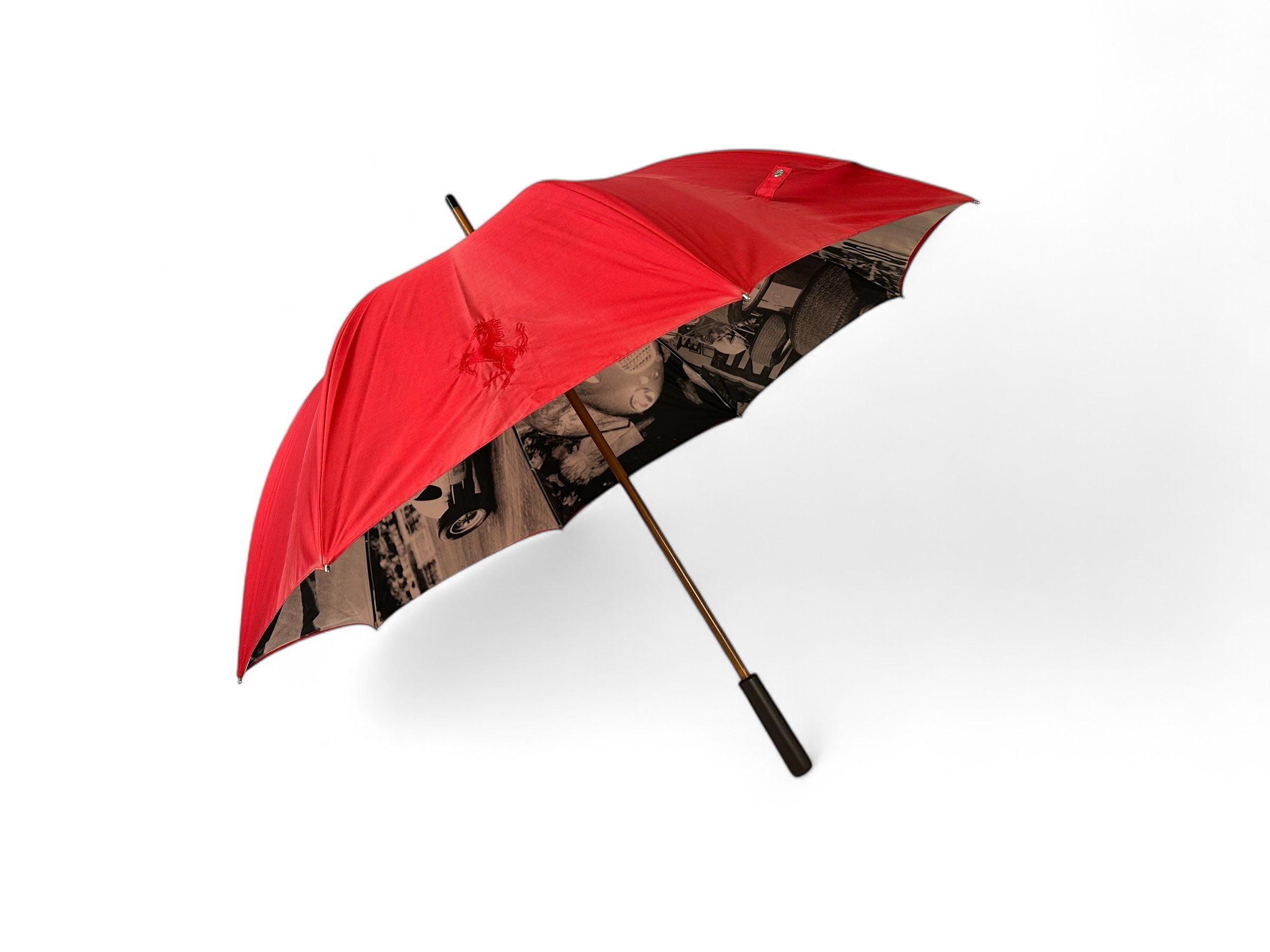 Ferrari Red Umbrella with Historic Racing Images - Stitched Prancing Horse Logo - Official Accessory