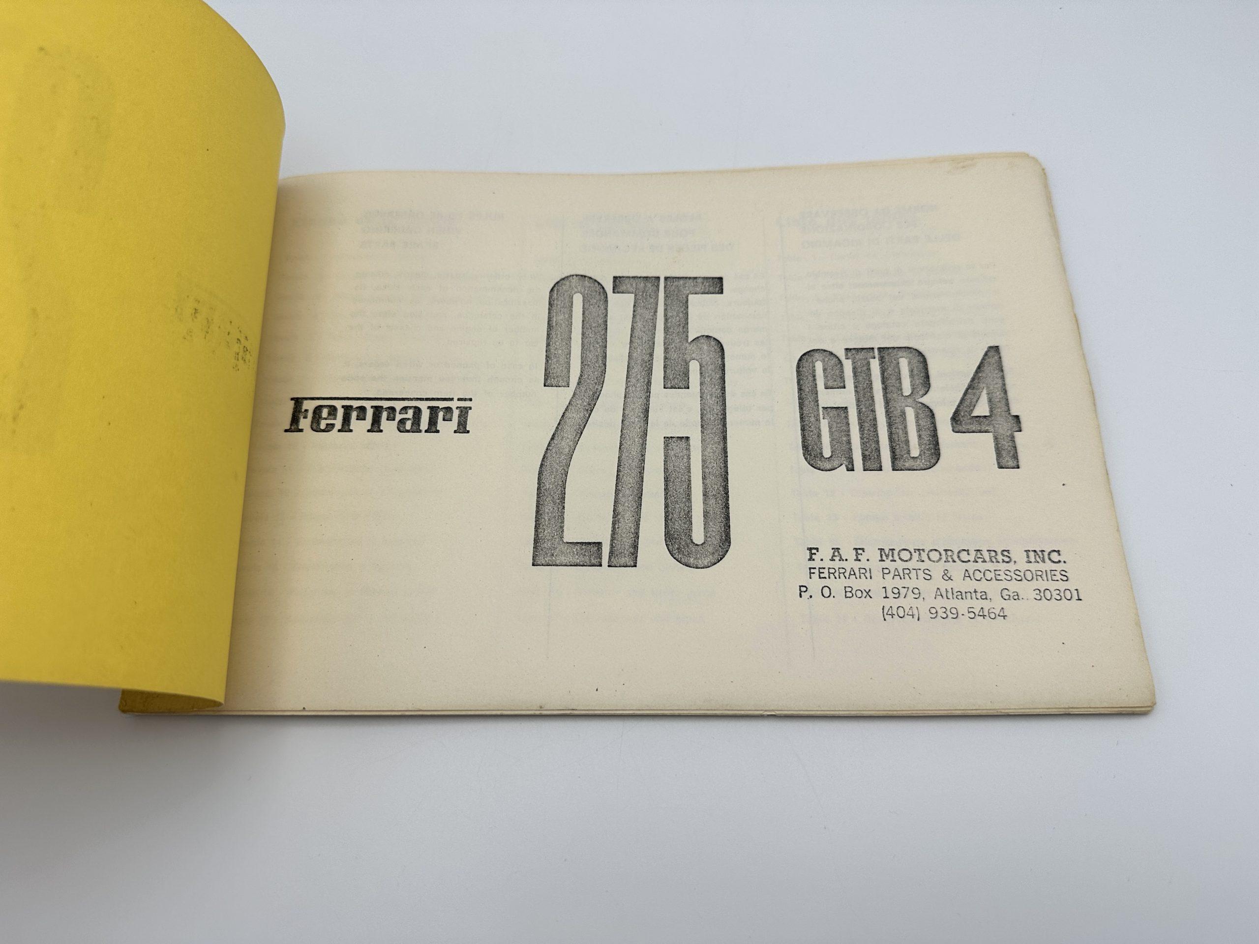 Ferrari 275 GTB/4 F.A.F. Motorcars Inc Spare Parts Catalogue