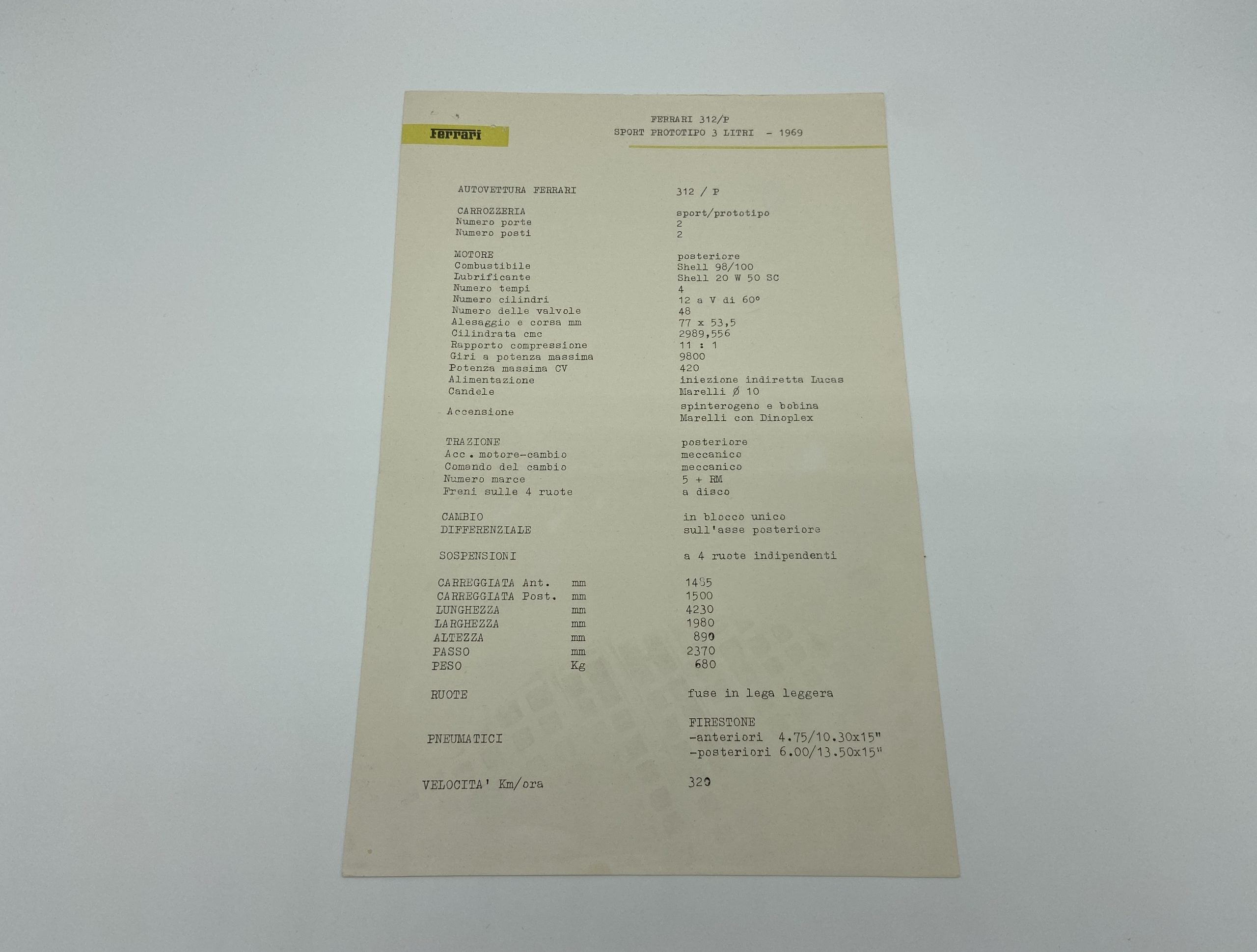 Ferrari 312/P Sport Prototype Technical Specification Sheet 1969