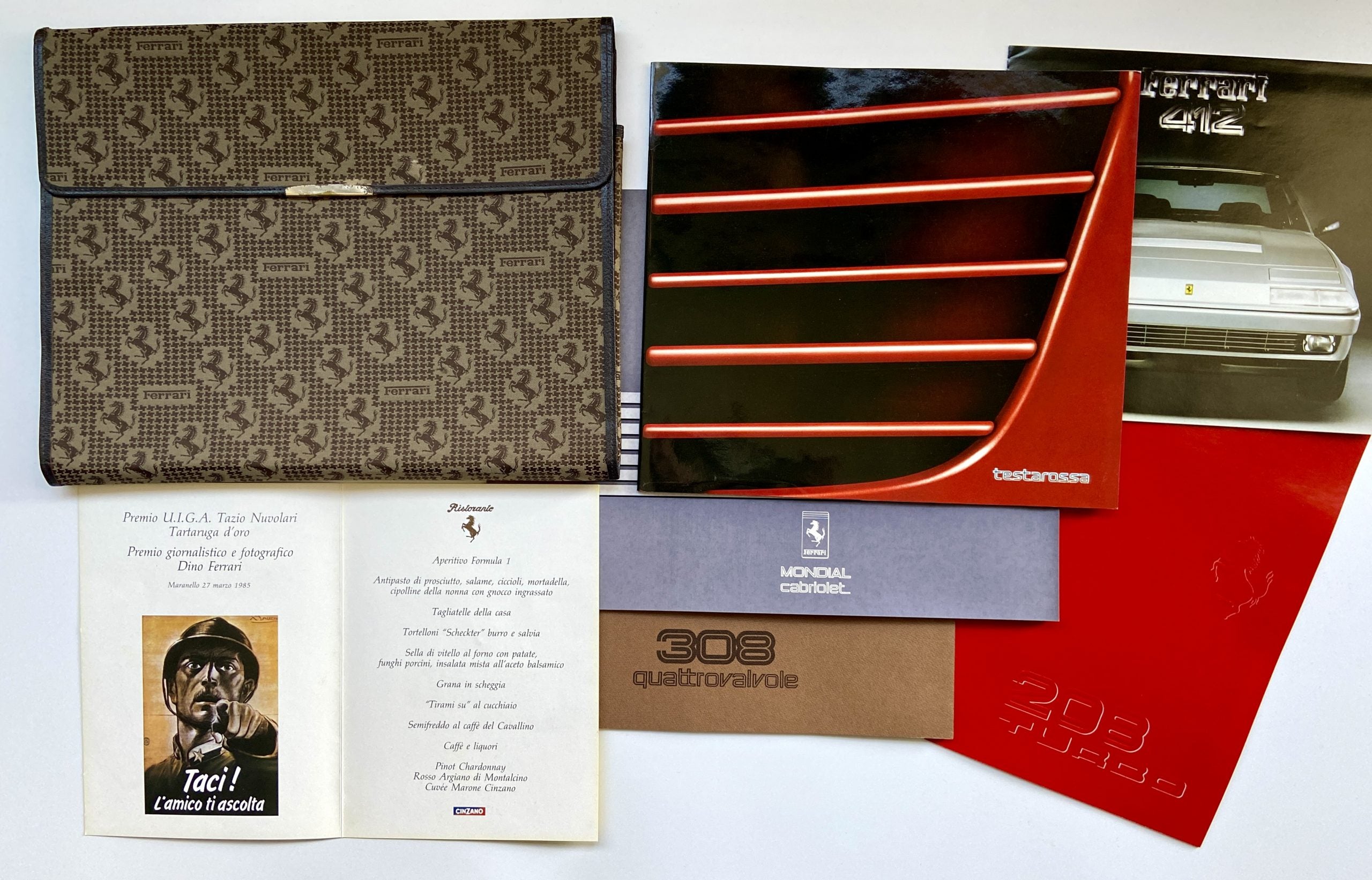 Ferrari Journalist Press Kit, Dinner Gift Set, Italstyle Pouch 1985 - Brochure Pack - Testarossa, 208 Turbo, Mondial, 308, 412