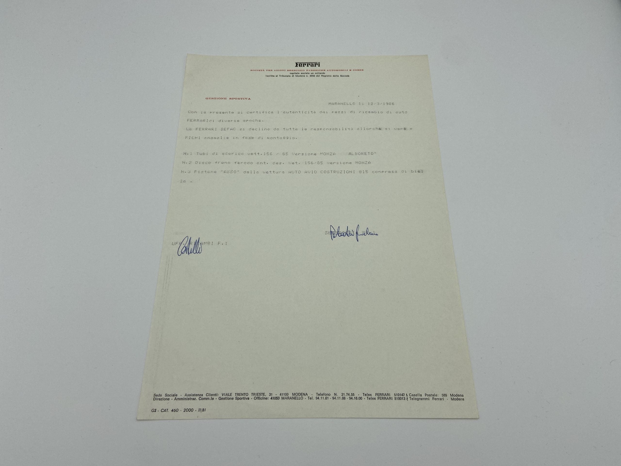 Ferrari Scuderia Sefac Factory Letter, Spare Parts, Monza Cars, Auto Avio 815