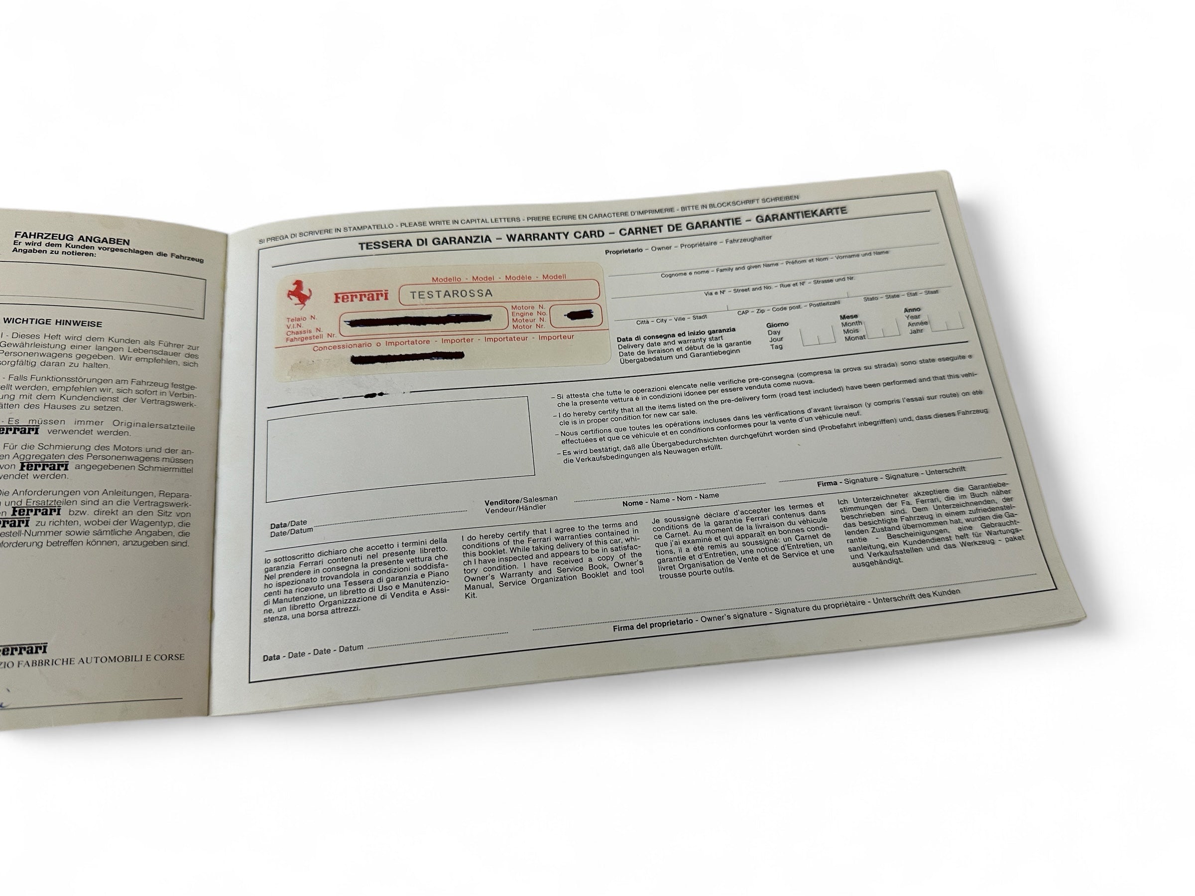 Ferrari 12 Cylinder Models Warranty Card and Owner’s Service Book #454/86 - 1986 - Blank