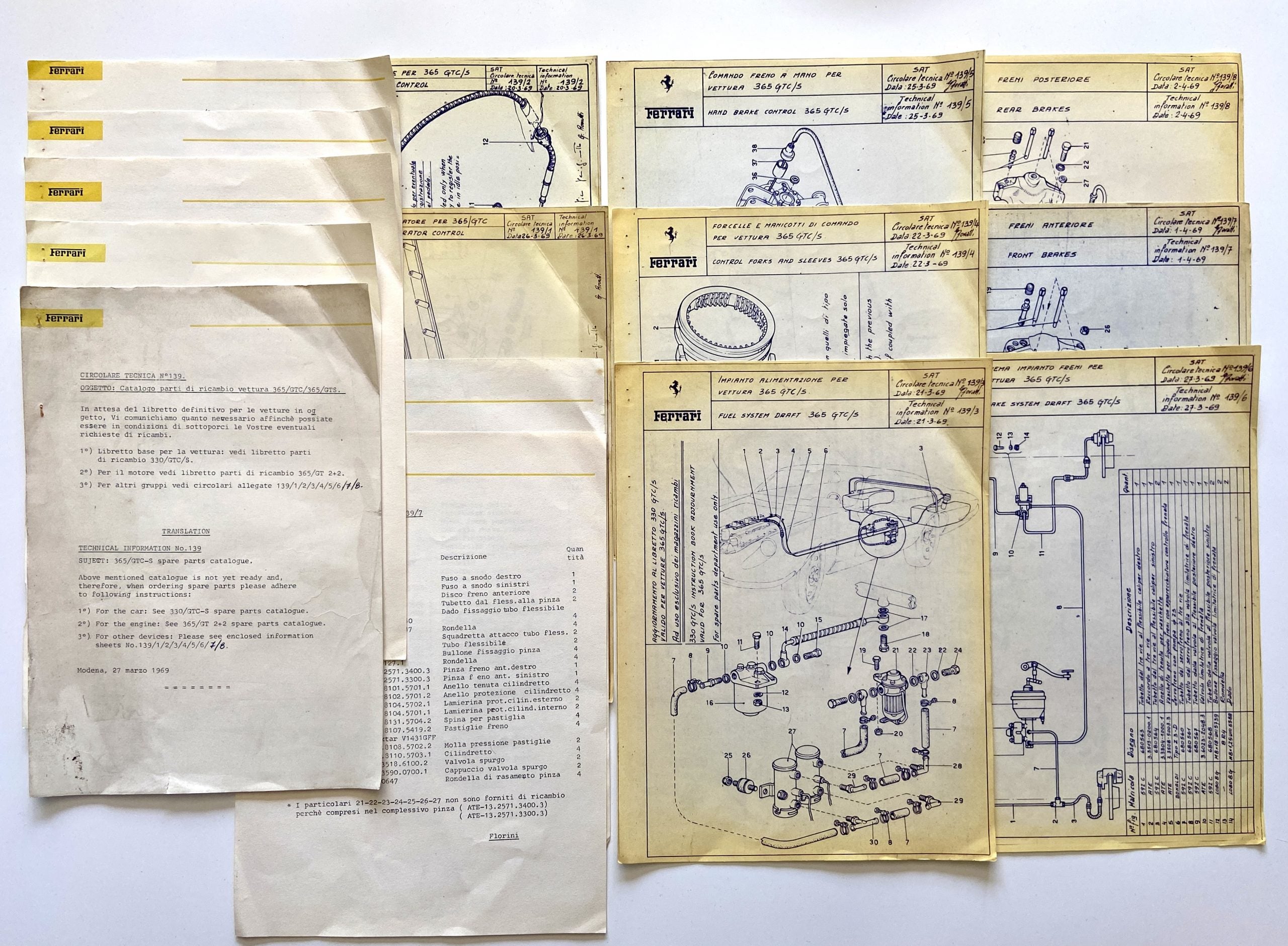 Ferrari 365 GTC/GTS Spare Parts Catalogue Internal Documents, 27 March 1969