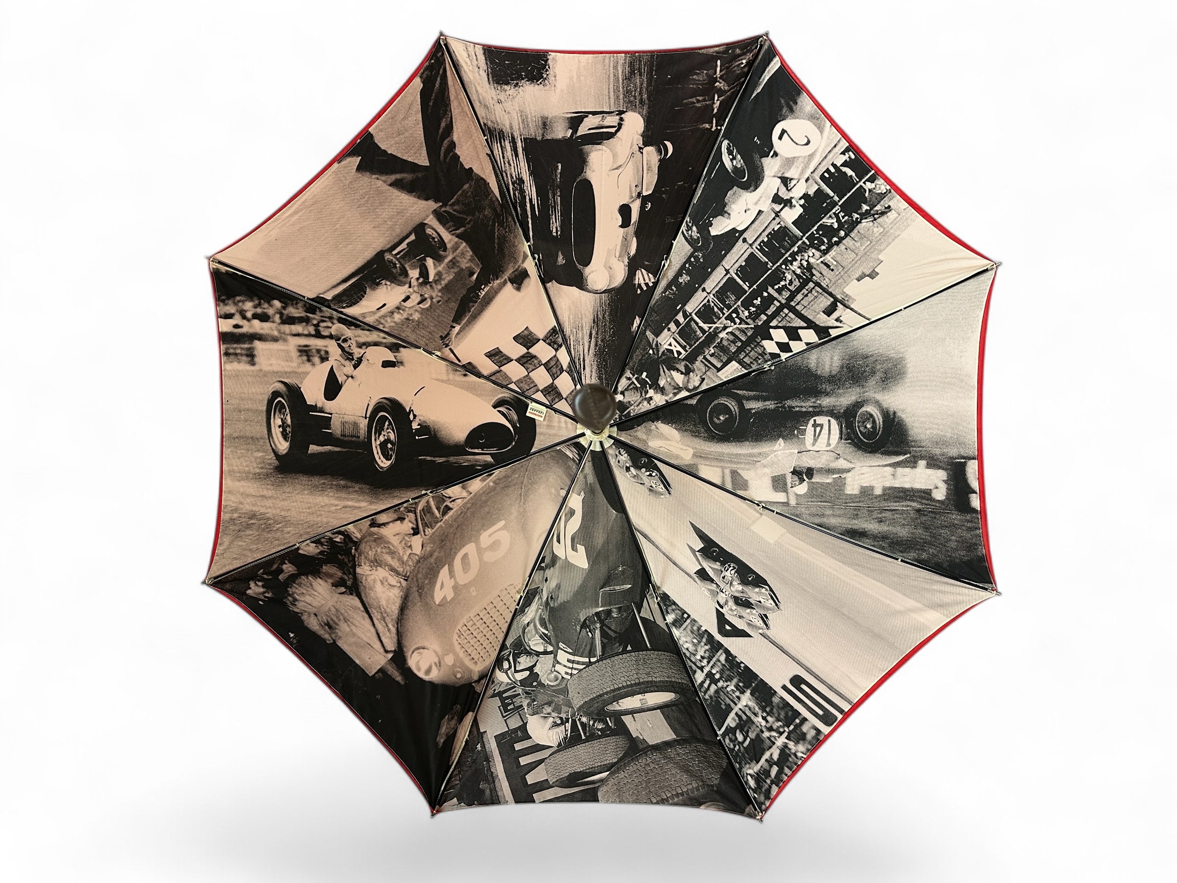 Ferrari Red Umbrella with Historic Racing Images - Stitched Prancing Horse Logo - Official Accessory