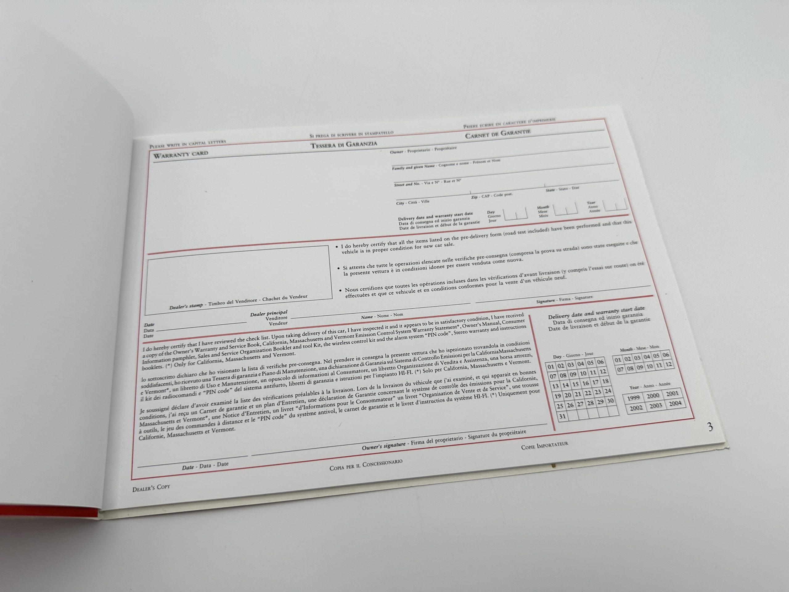 Ferrari 8 Cylinders U.S.Version 2003 Models Warranty Card and Owner’s Service Book #1837/02