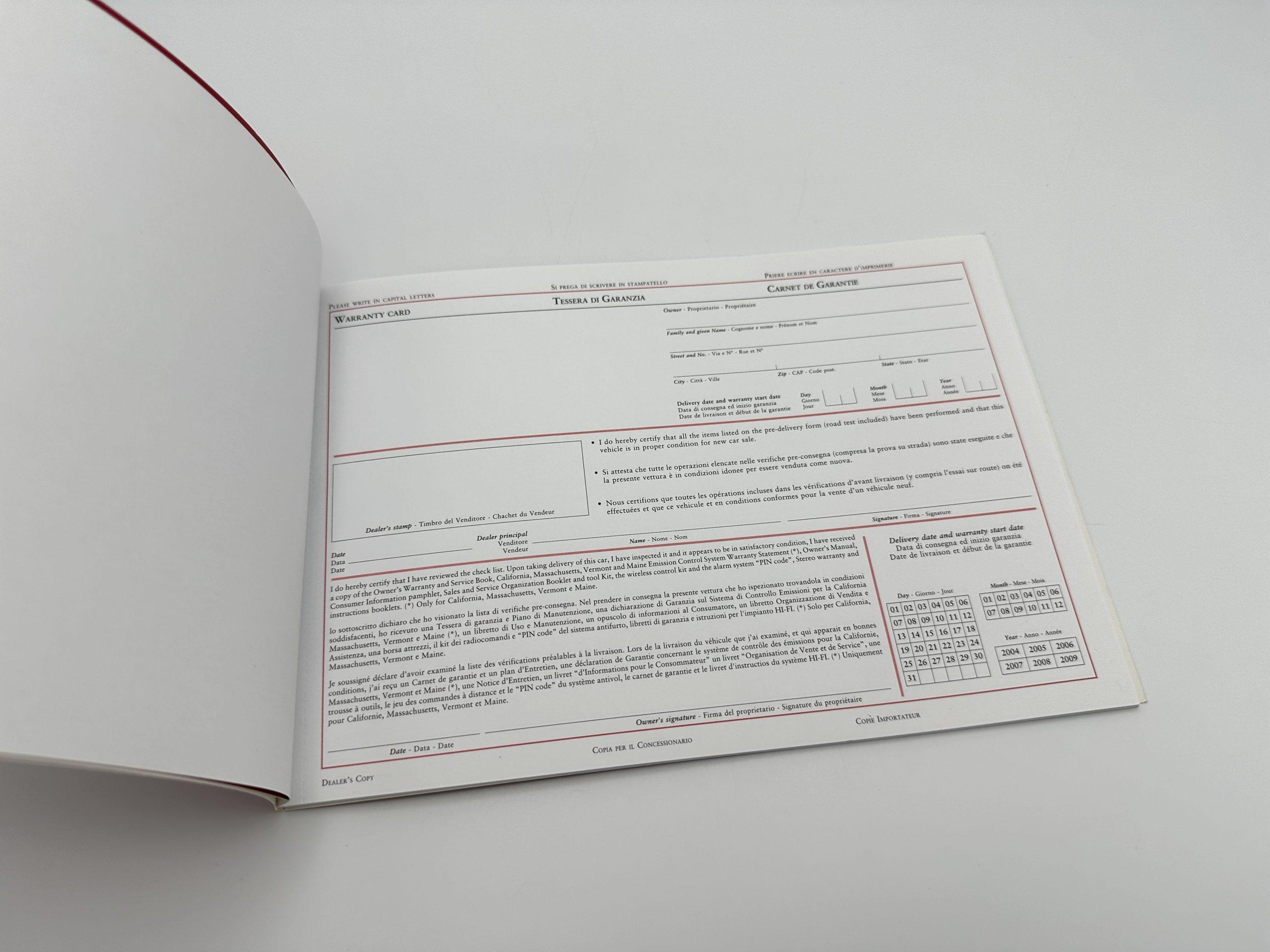 Ferrari 360 Modena & Spider U.S.Version 2004 Models Warranty Card and Owner’s Service Book #1967/03