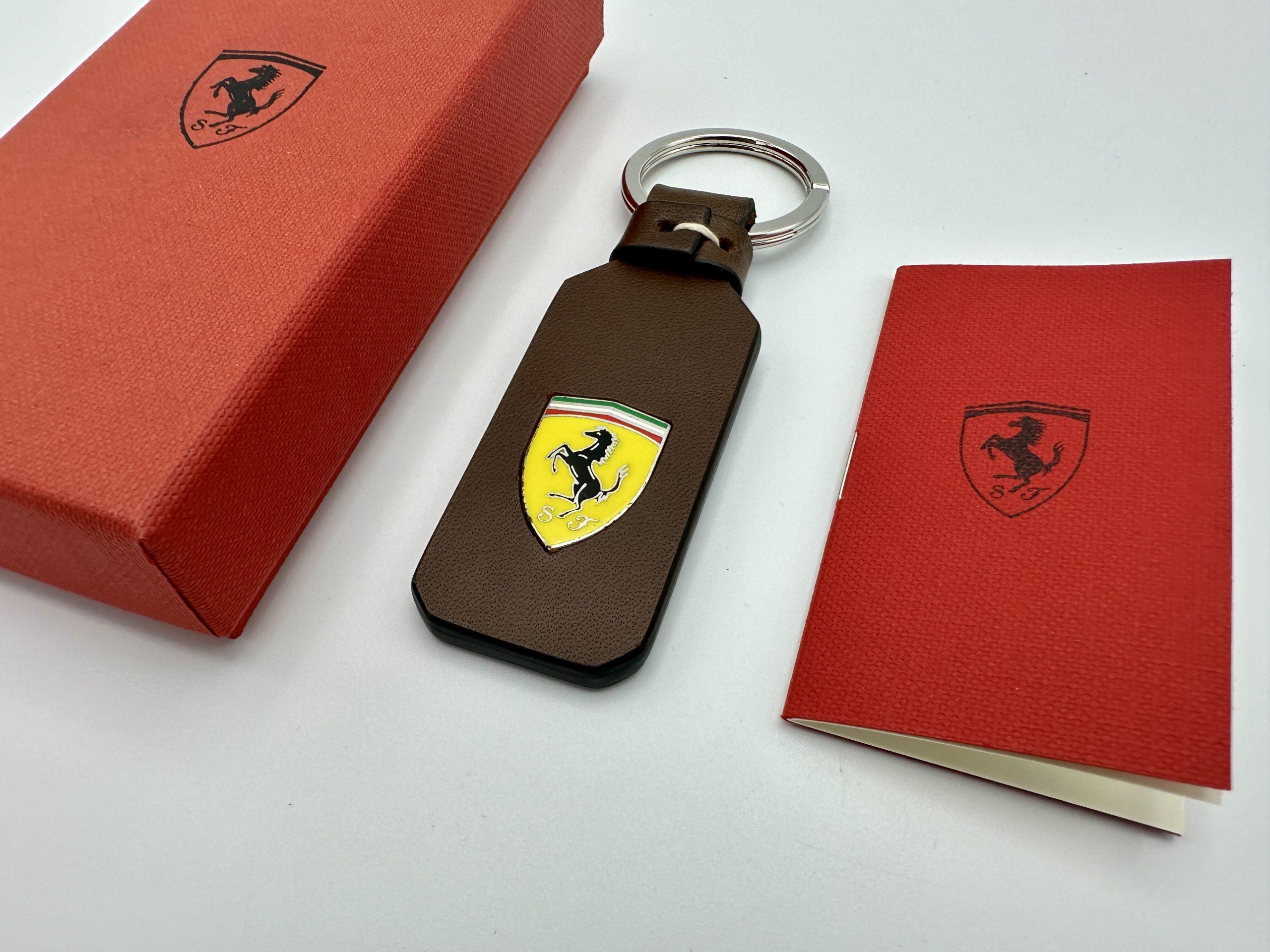 Ferrari Brown Leather Keychain, Keyfob with Prancing Horse Shield – Official Accessory