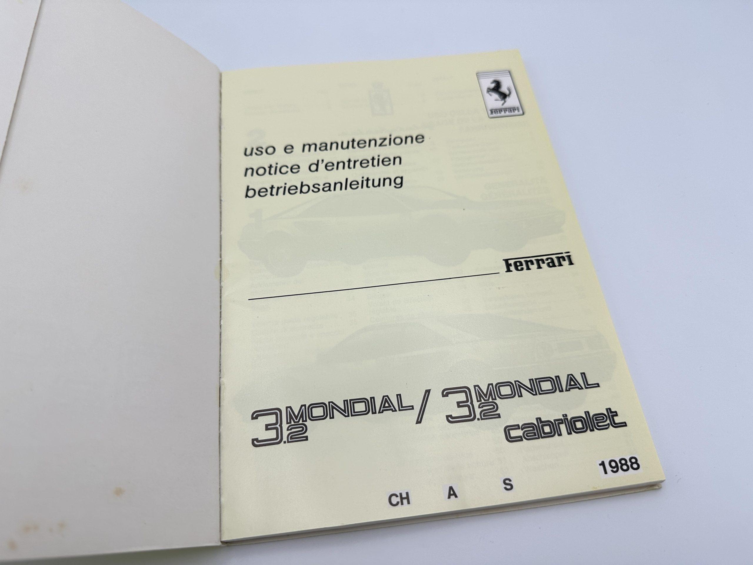 Ferrari 3.2 Mondial Swiss, Austrian, Swedish Version Owner’s Manual #517/88 3c – 1988