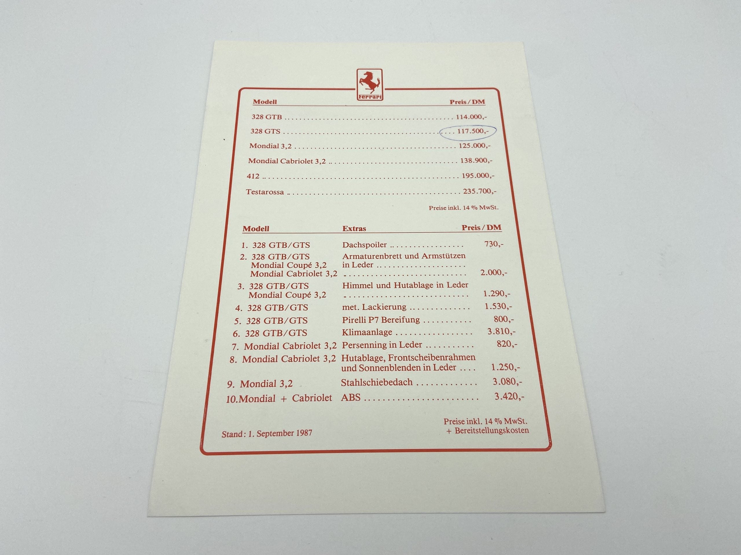 Ferrari 328 GTB/GTS, Mondial, 412, Testarossa Pricelist 1987 – German