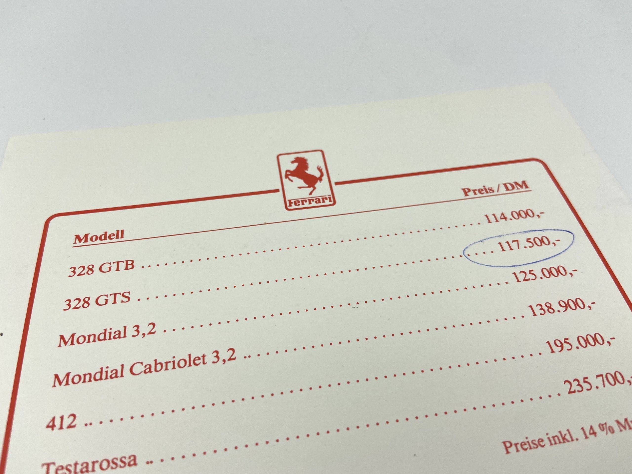 Ferrari 328 GTB/GTS, Mondial, 412, Testarossa Pricelist 1987 – German