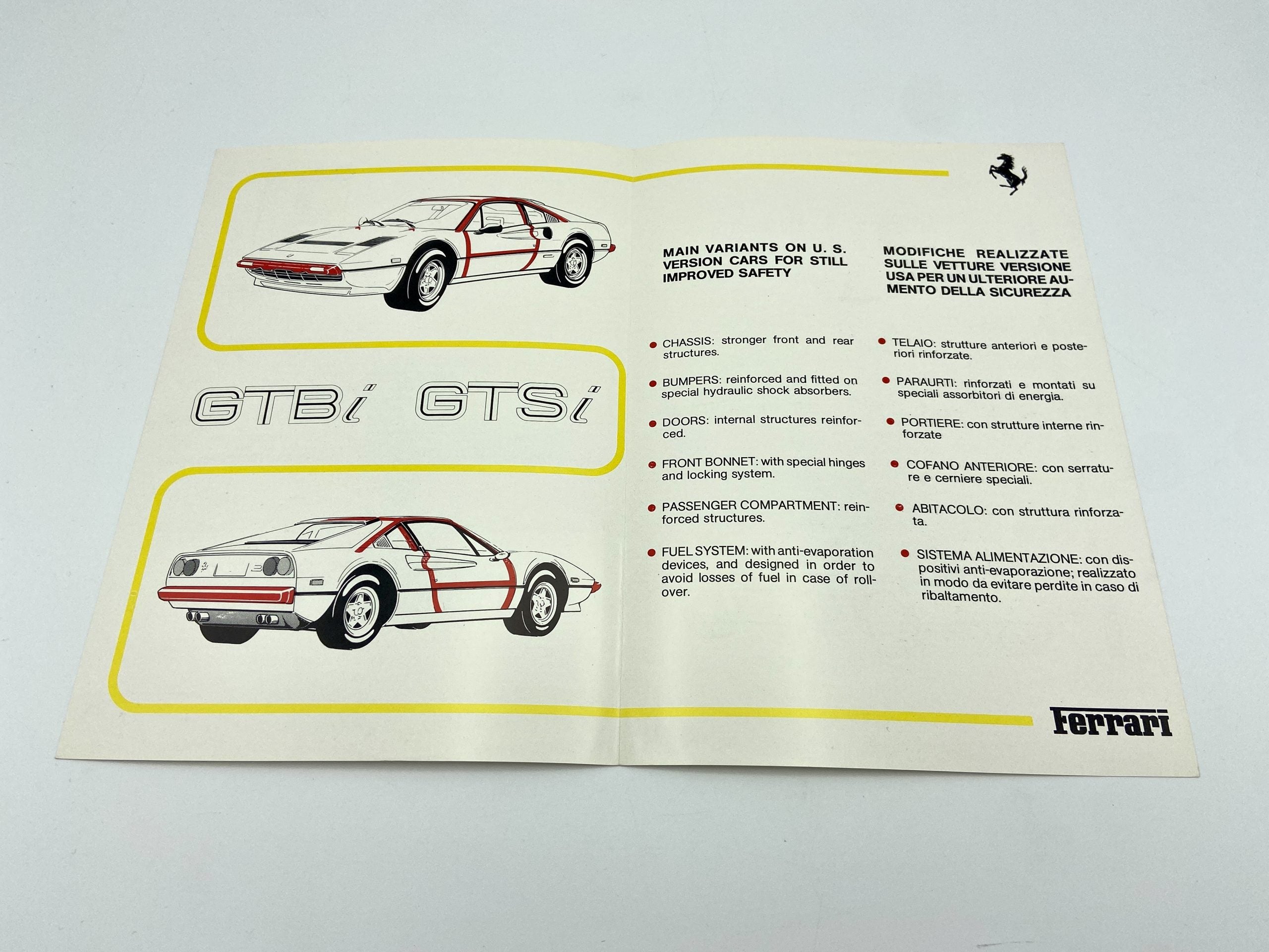 Ferrari 308 GTBi/GTSi U.S.Version Safety Plus Safety, Pouch Supplement Brochure #267/83 - 1983