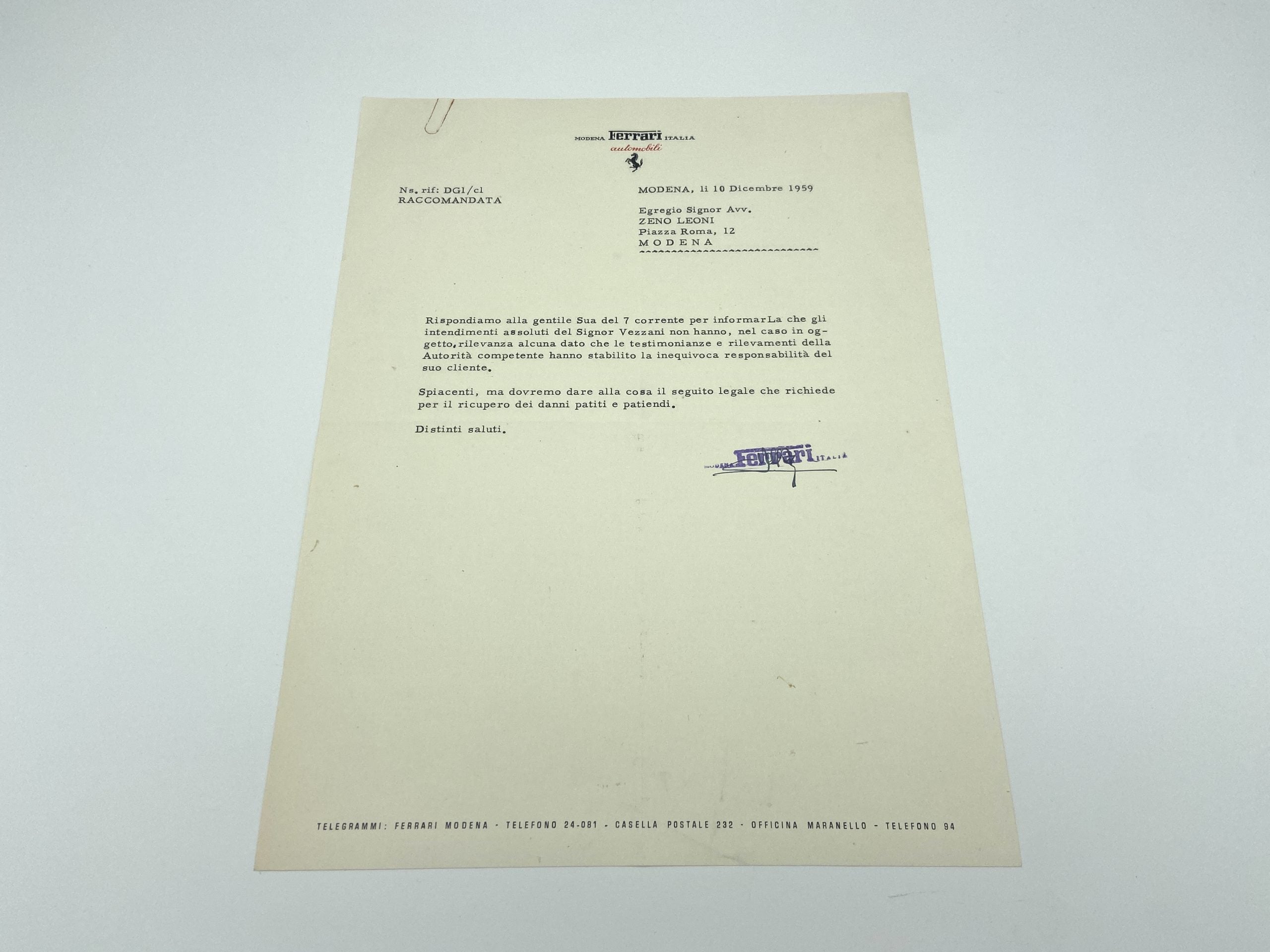 Ferrari Early Factory Letter - Correspondence Lawyer Zeno Leoni - December 1959