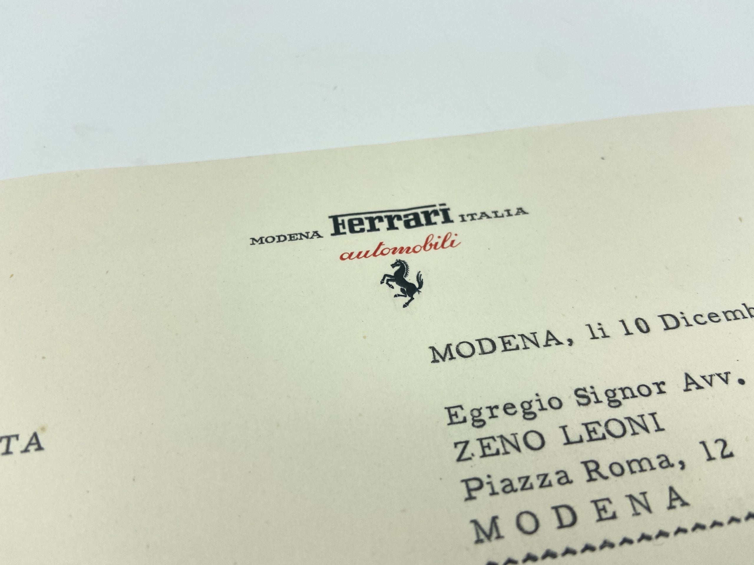 Ferrari Early Factory Letter - Correspondence Lawyer Zeno Leoni - December 1959