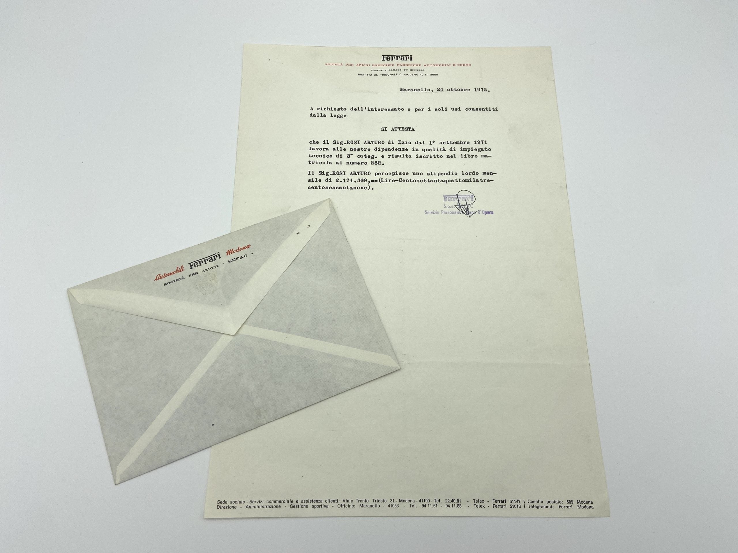 Ferrari Sefac Early Factory Letter - Employee Income/Salary Declaration - 1972