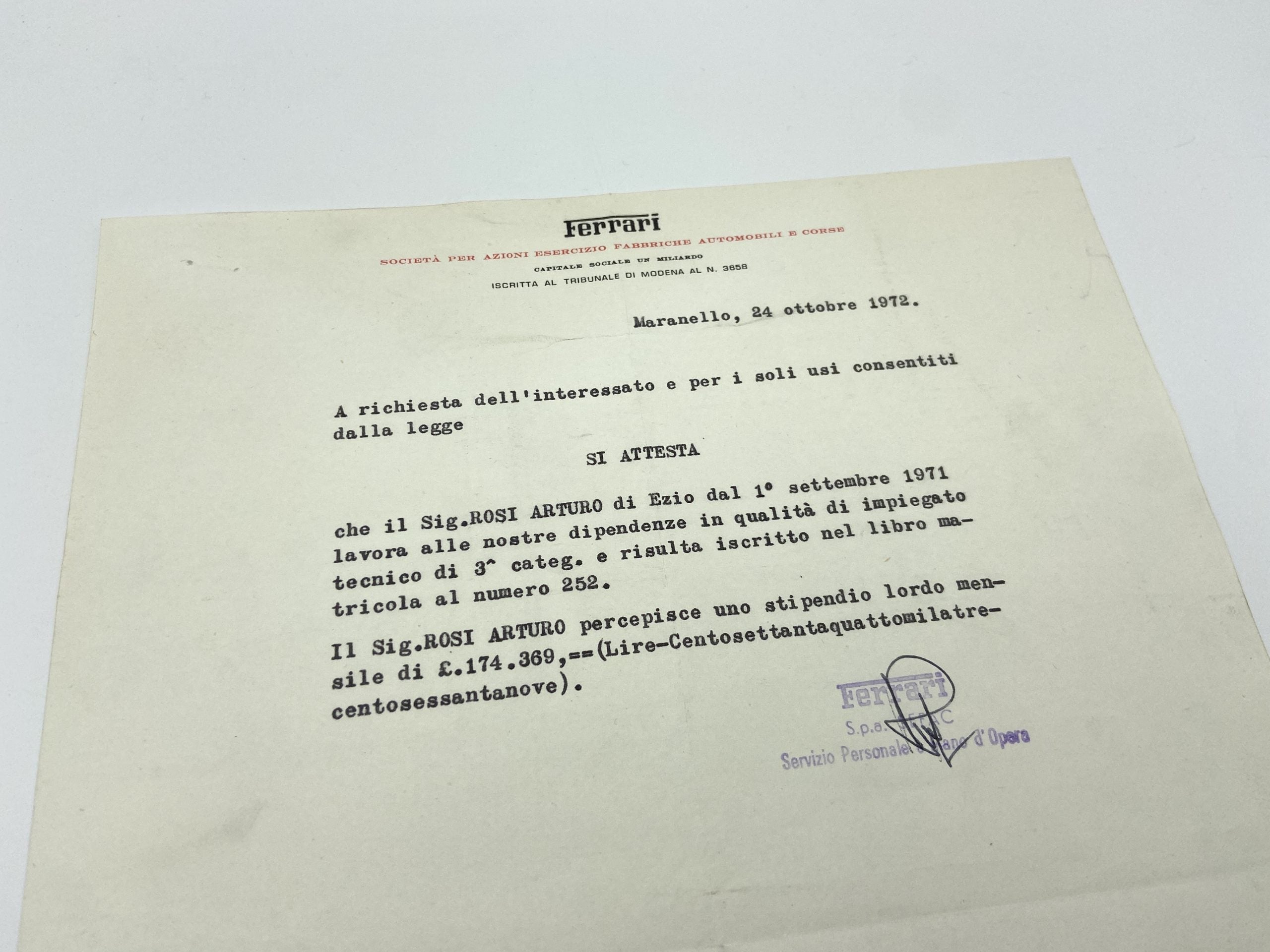 Ferrari Sefac Early Factory Letter - Employee Income/Salary Declaration - 1972