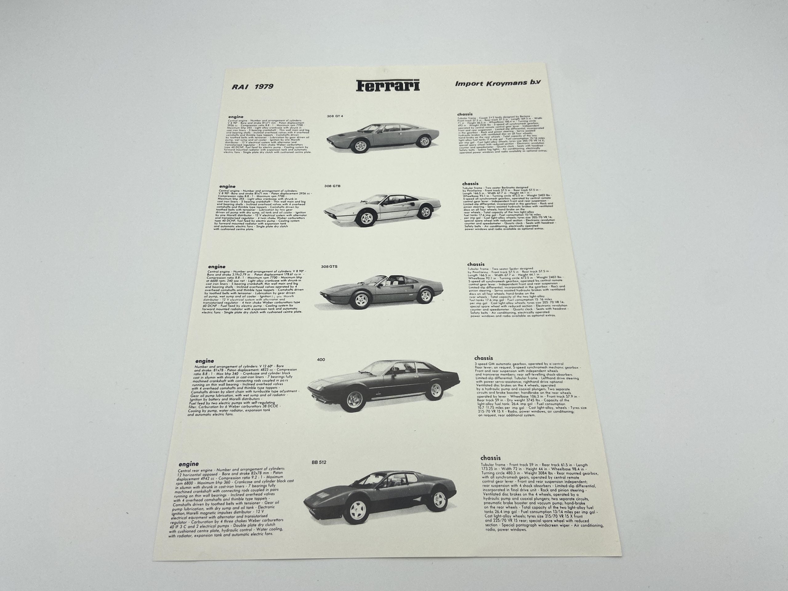 Ferrari Dino 308GT4, 308 GTB/GTS, 400, 512 BB Specification Sheet Import Kroymans Netherlands, Rai 1979