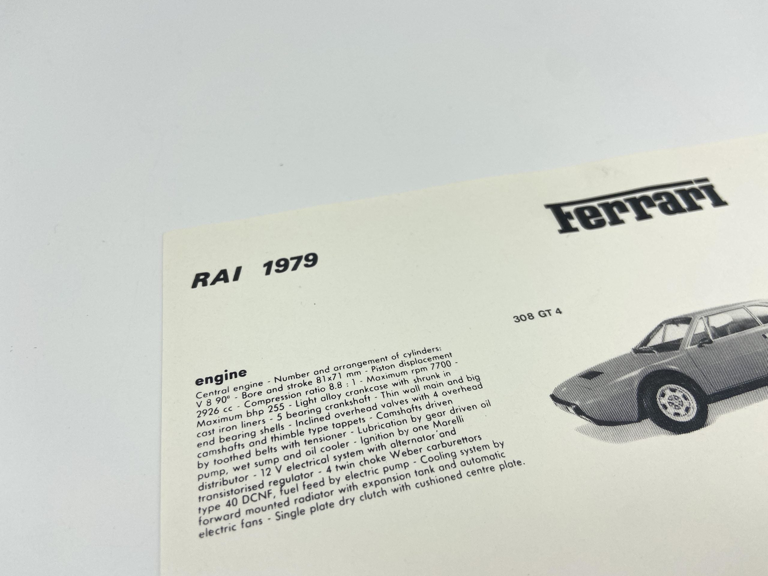 Ferrari Dino 308GT4, 308 GTB/GTS, 400, 512 BB Specification Sheet Import Kroymans Netherlands, Rai 1979