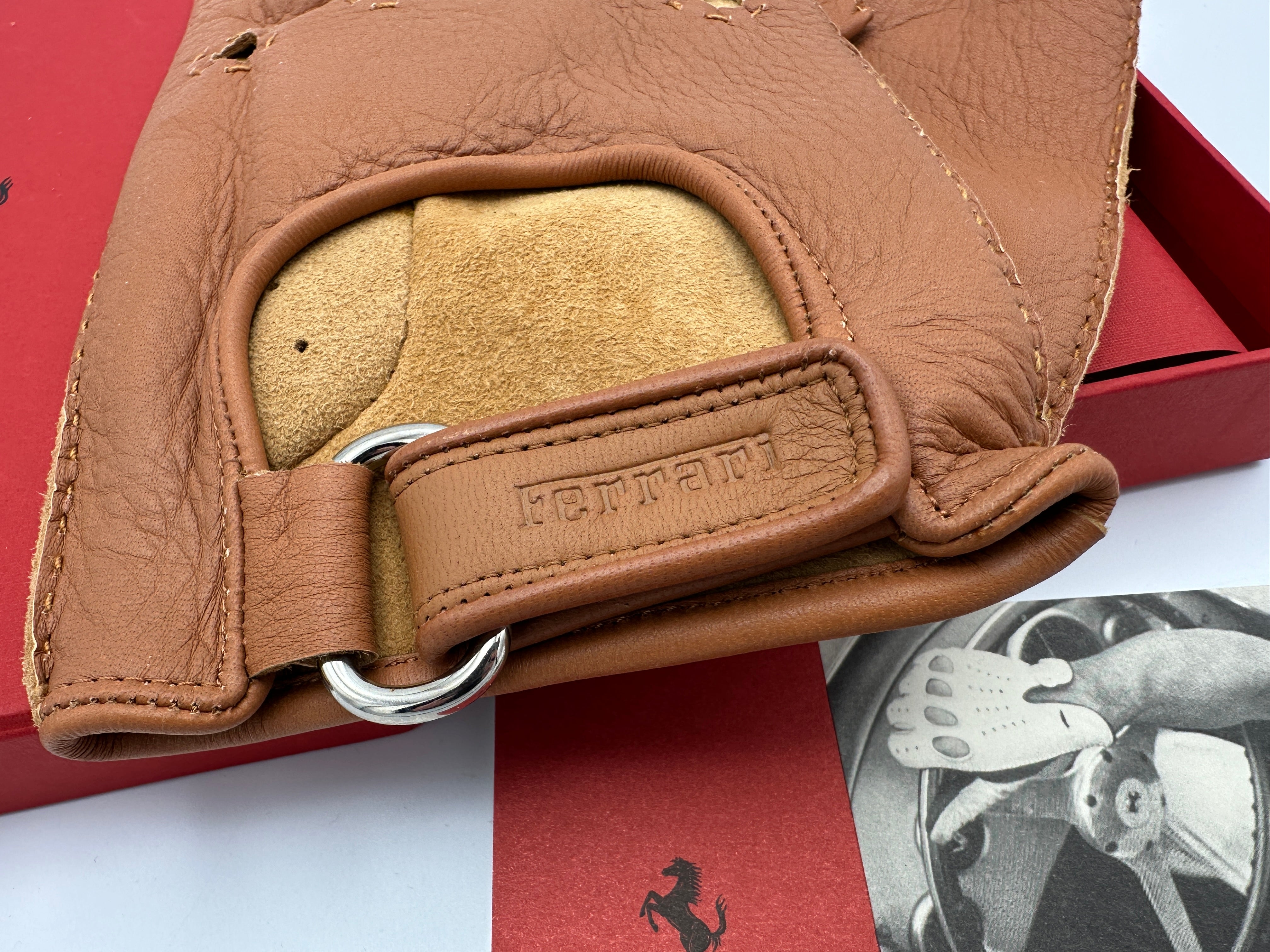 Ferrari Fingerless Brown Leather Driving Gloves – Size L – Official Merchandise