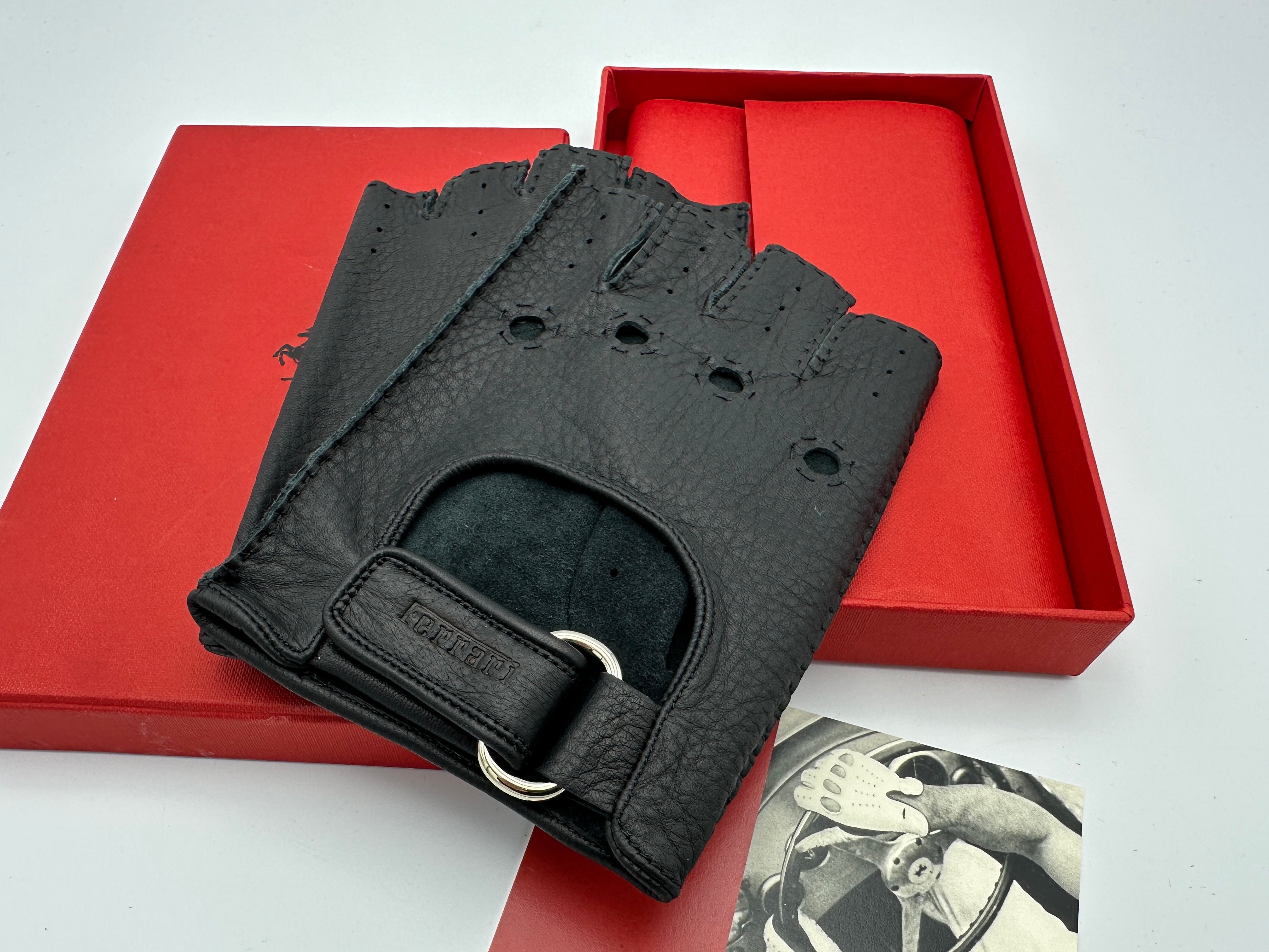 Ferrari Fingerless Black Leather Driving Gloves – Size L – Official Merchandise