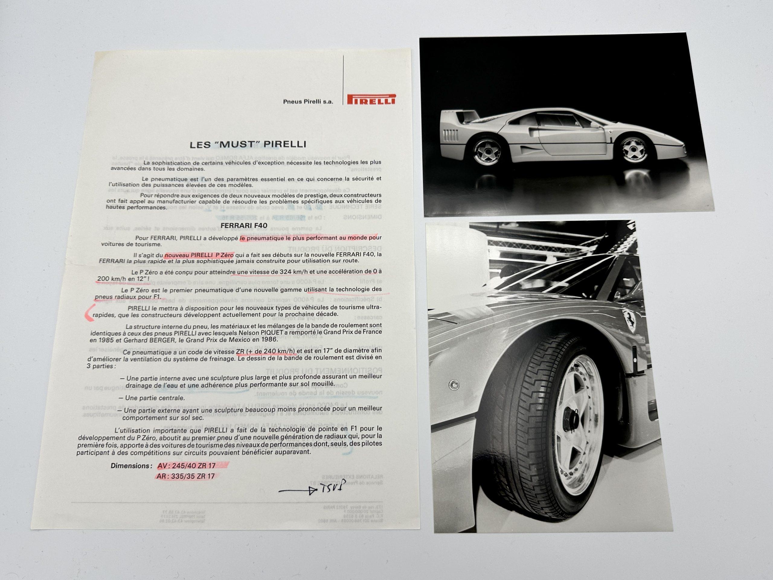 Ferrari F40 Pirelli Tyres Press Release - French - 1987