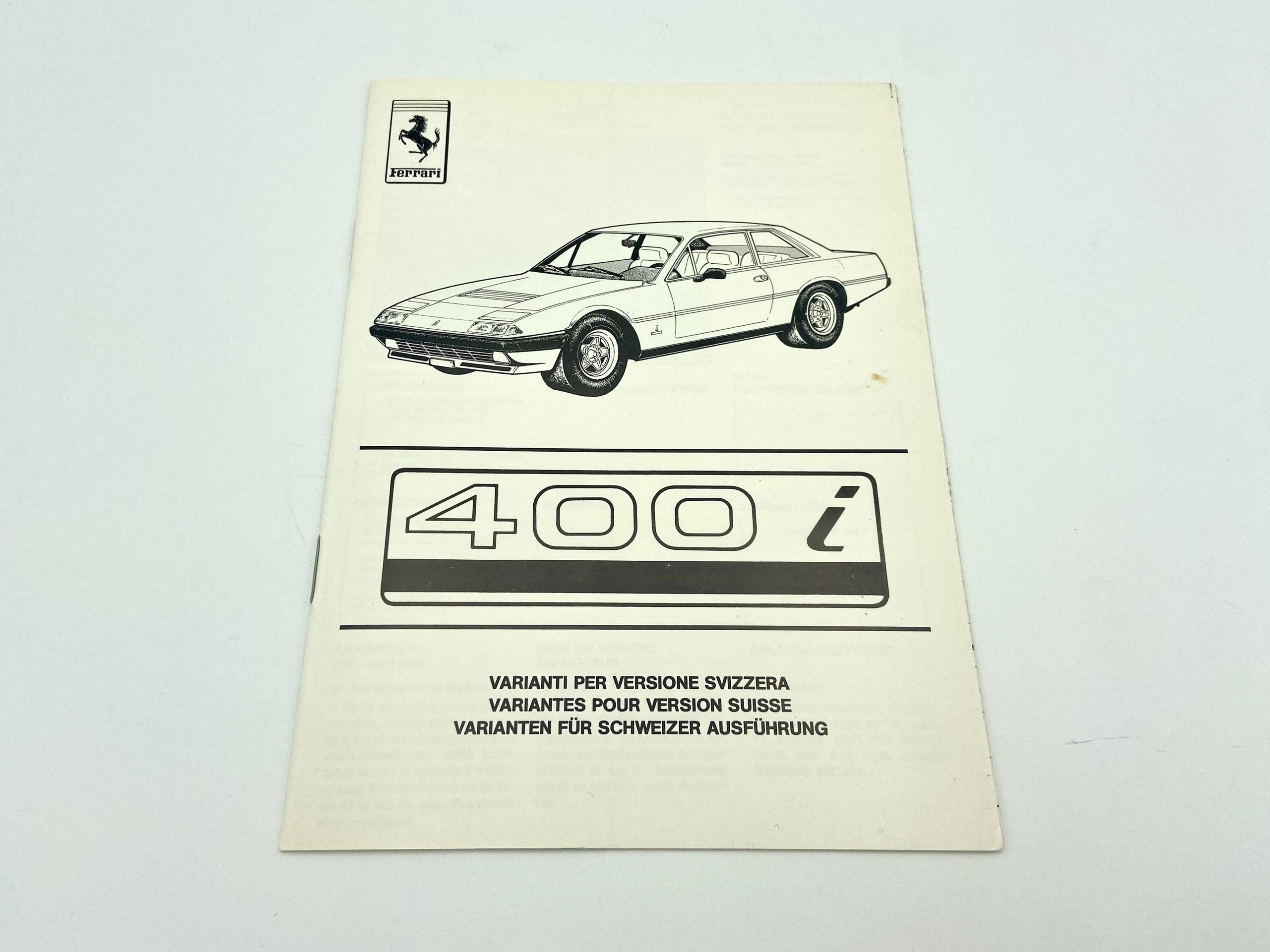 Ferrari 400i Owner’s Manual Supplement Swiss Version #287/83 - 200