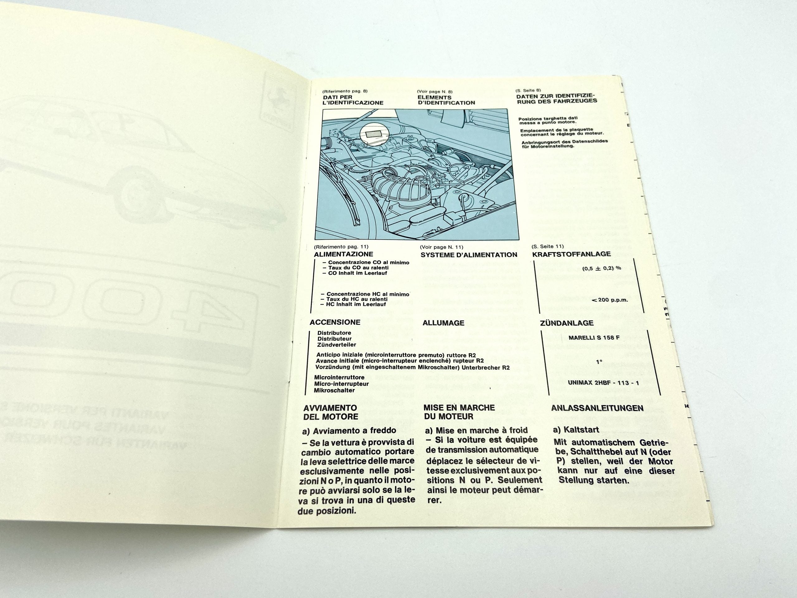 Ferrari 400i Owner’s Manual Supplement Swiss Version #287/83 - 200