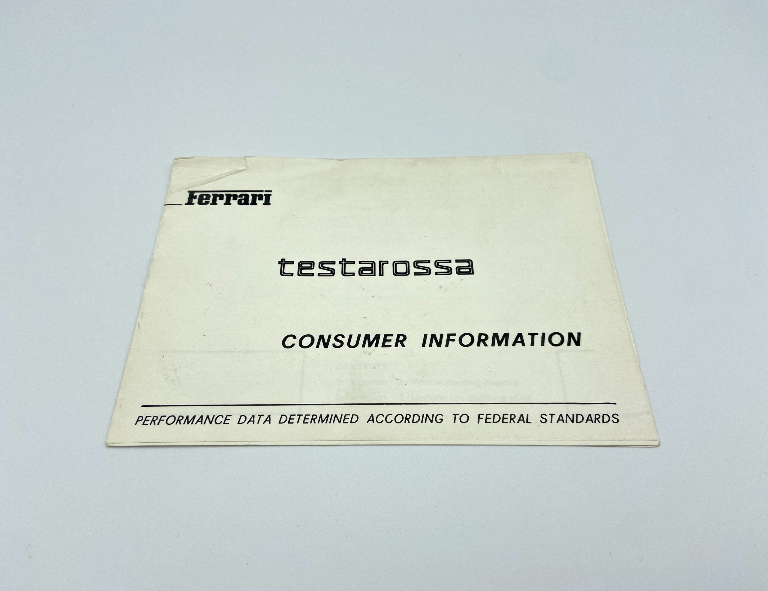 Ferrari Testarossa Consumer Information U.S.A #358/85