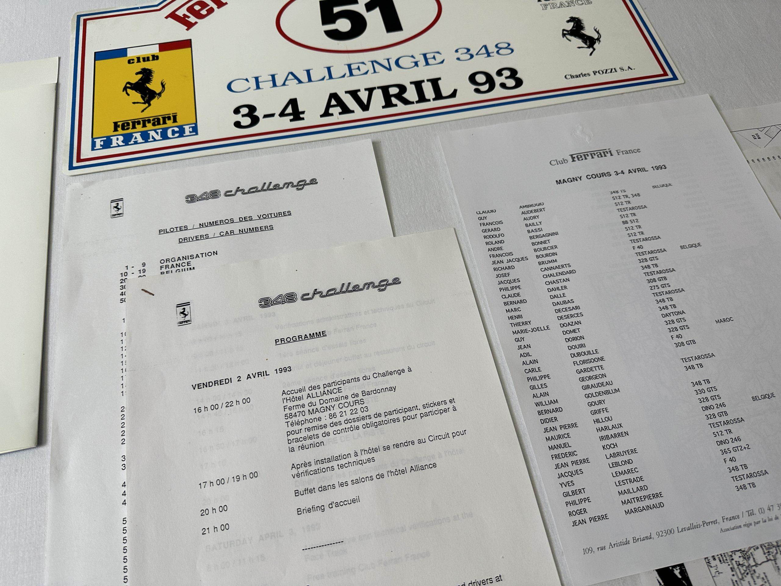 Ferrari 348 Challenge Magny-Cours 1993 Participant Information and Shield