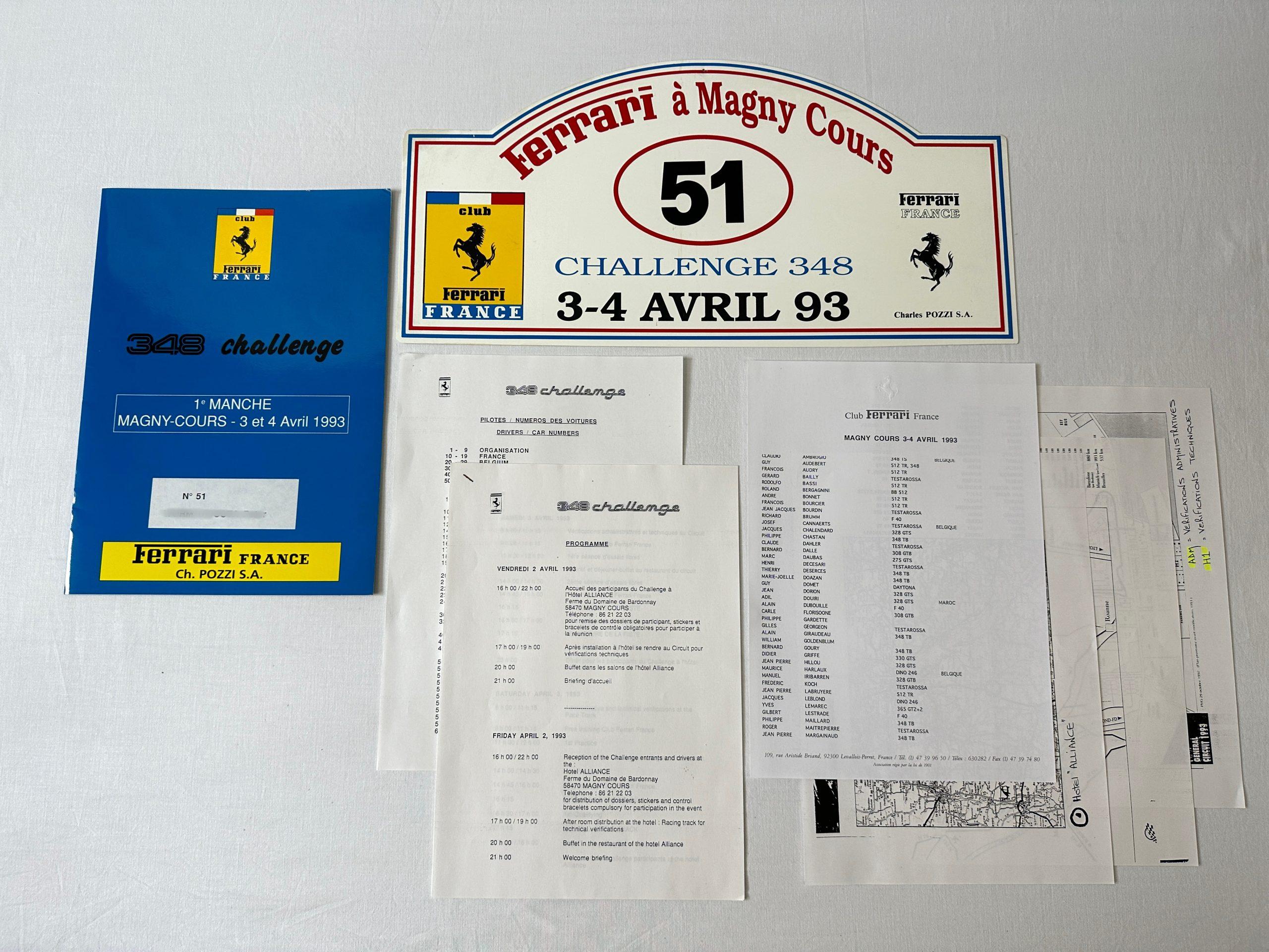 Ferrari 348 Challenge Magny-Cours 1993 Participant Information and Shield