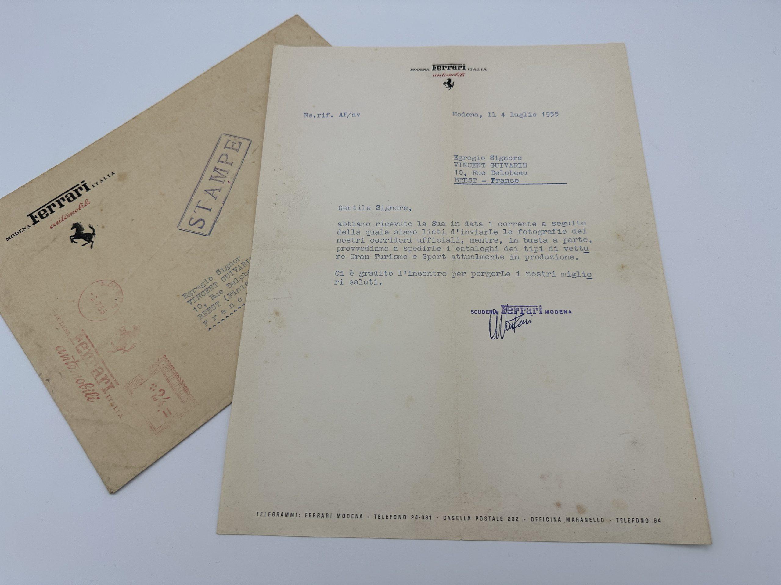 Ferrari Early Factory Letter and Envelop – July 1955