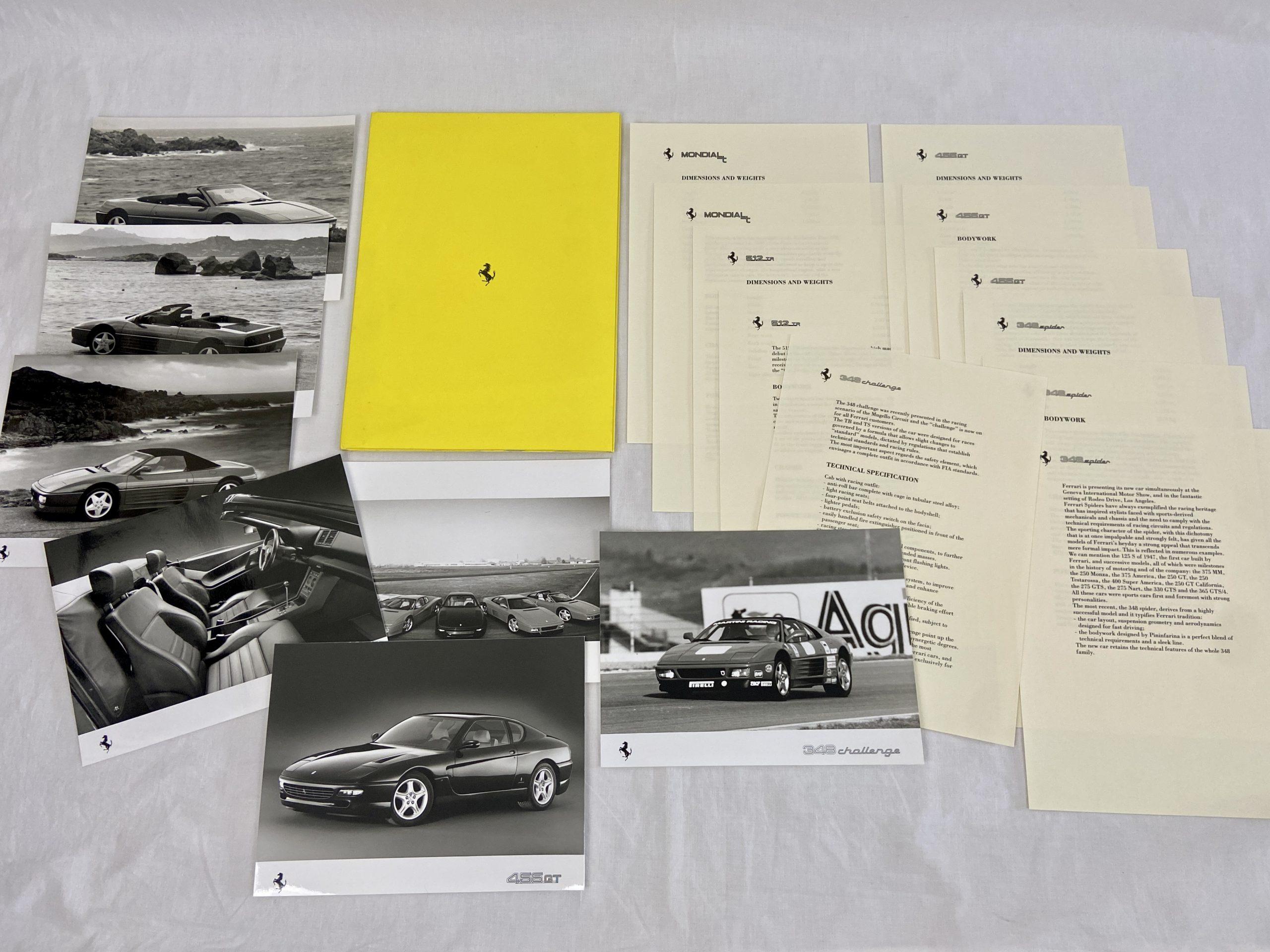 Ferrari 348 Spider and Challenge, Mondial T, 456 GT, 512 TR Press Release Folder Brochure - English