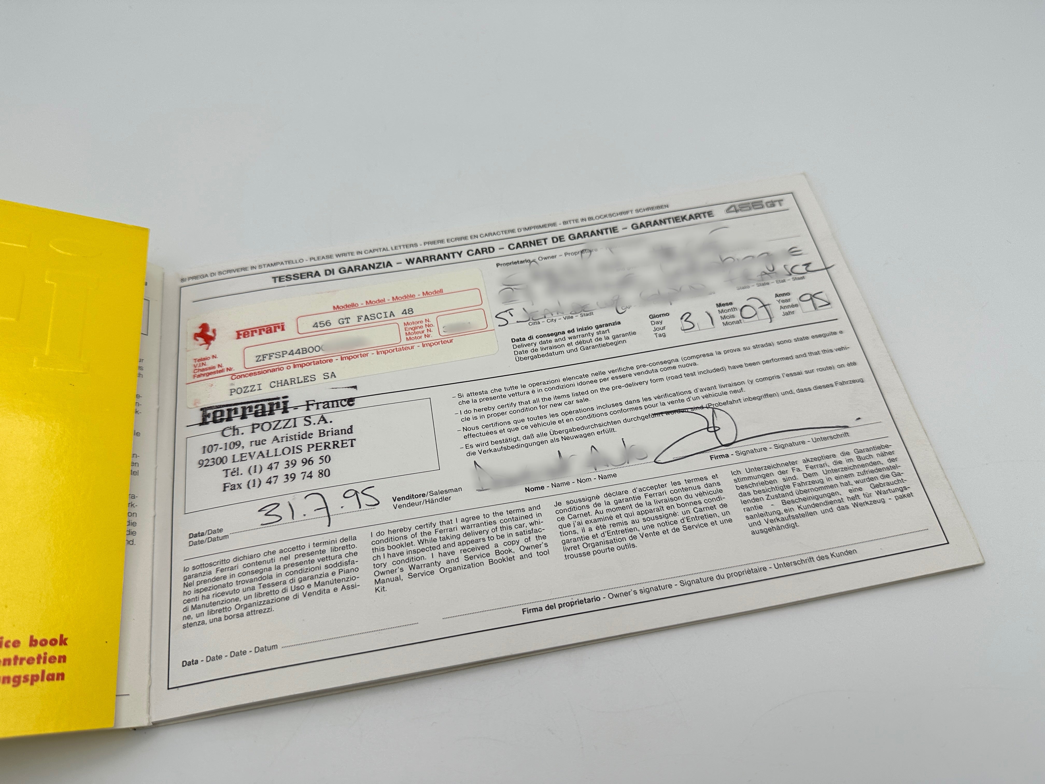 Ferrari 456 GT Warranty Card and Owner’s Service Book #791/93 - 1993