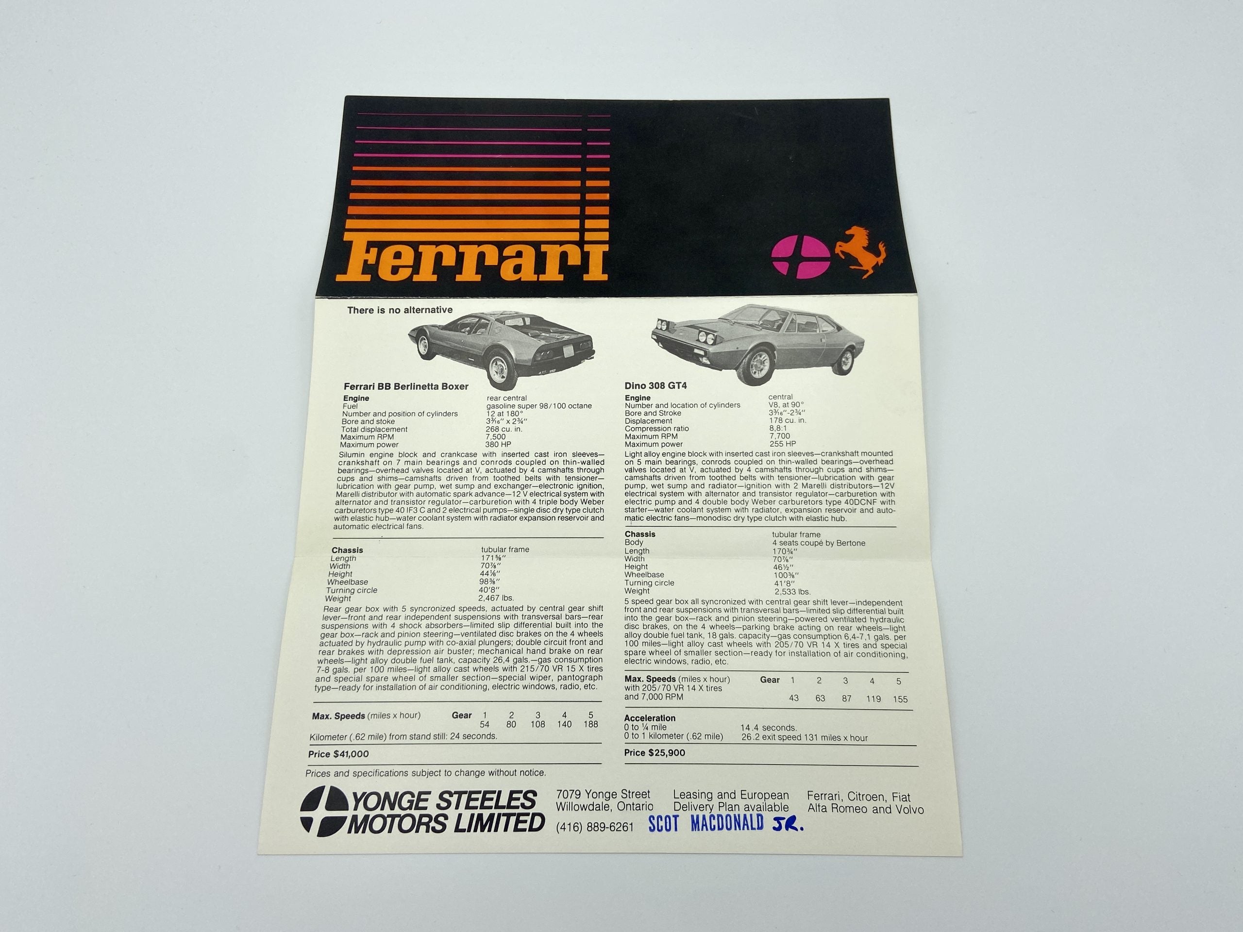 Ferrari 365 GT4 BB Berlinetta Boxer, Dino 308 GT4 Sales Brochure – Yonge Steeles Motors Limited Canada