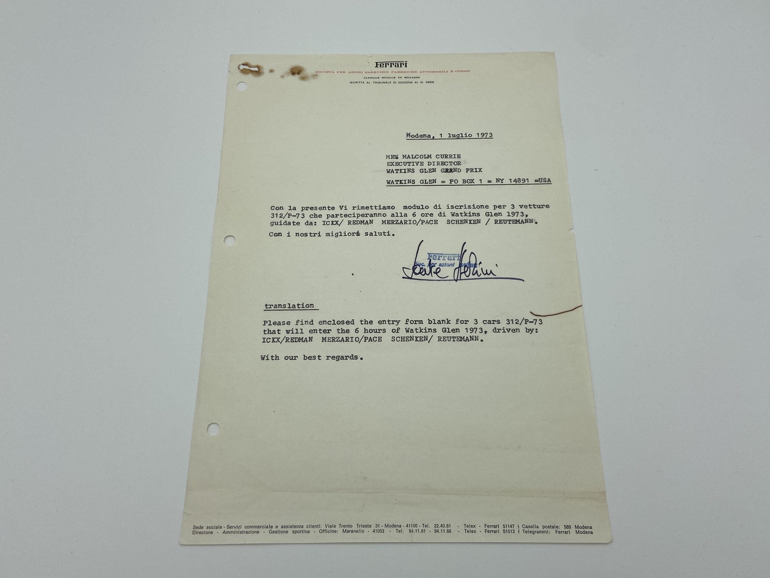 Ferrari Factory Letter 1973 Ickx/Redman Merzario/Pace Schenken/Reutemann